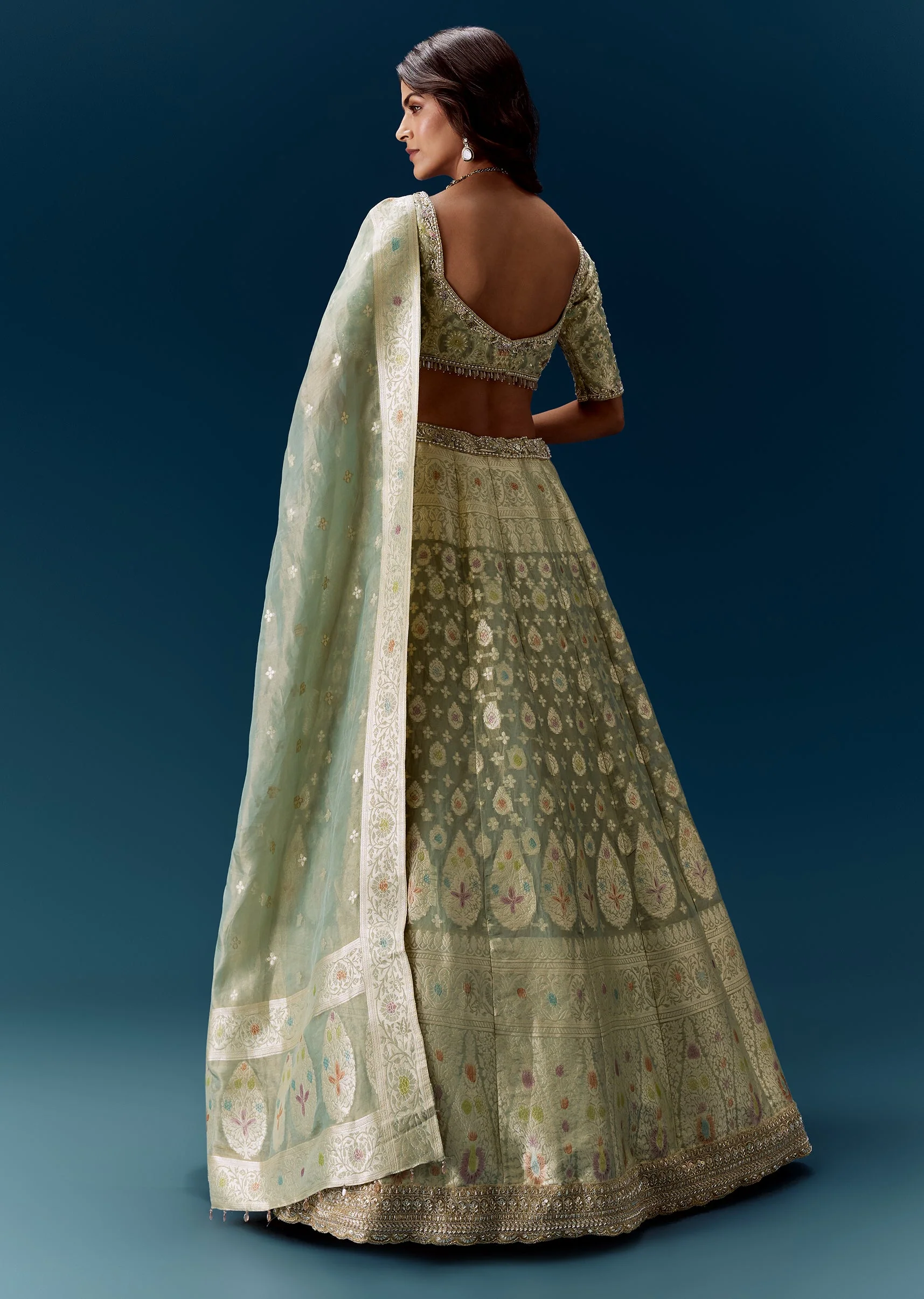 Sea Green Banarasi Embroidered Bridal Lehenga With Dupatta - Image 2