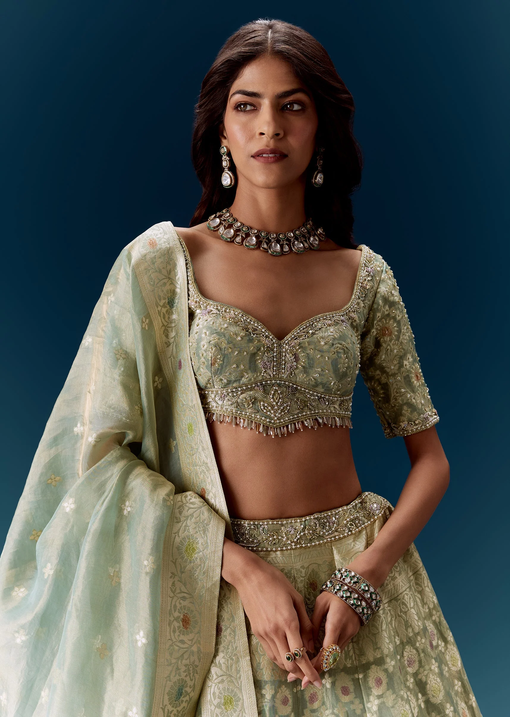 Sea Green Banarasi Embroidered Bridal Lehenga With Dupatta - Image 3