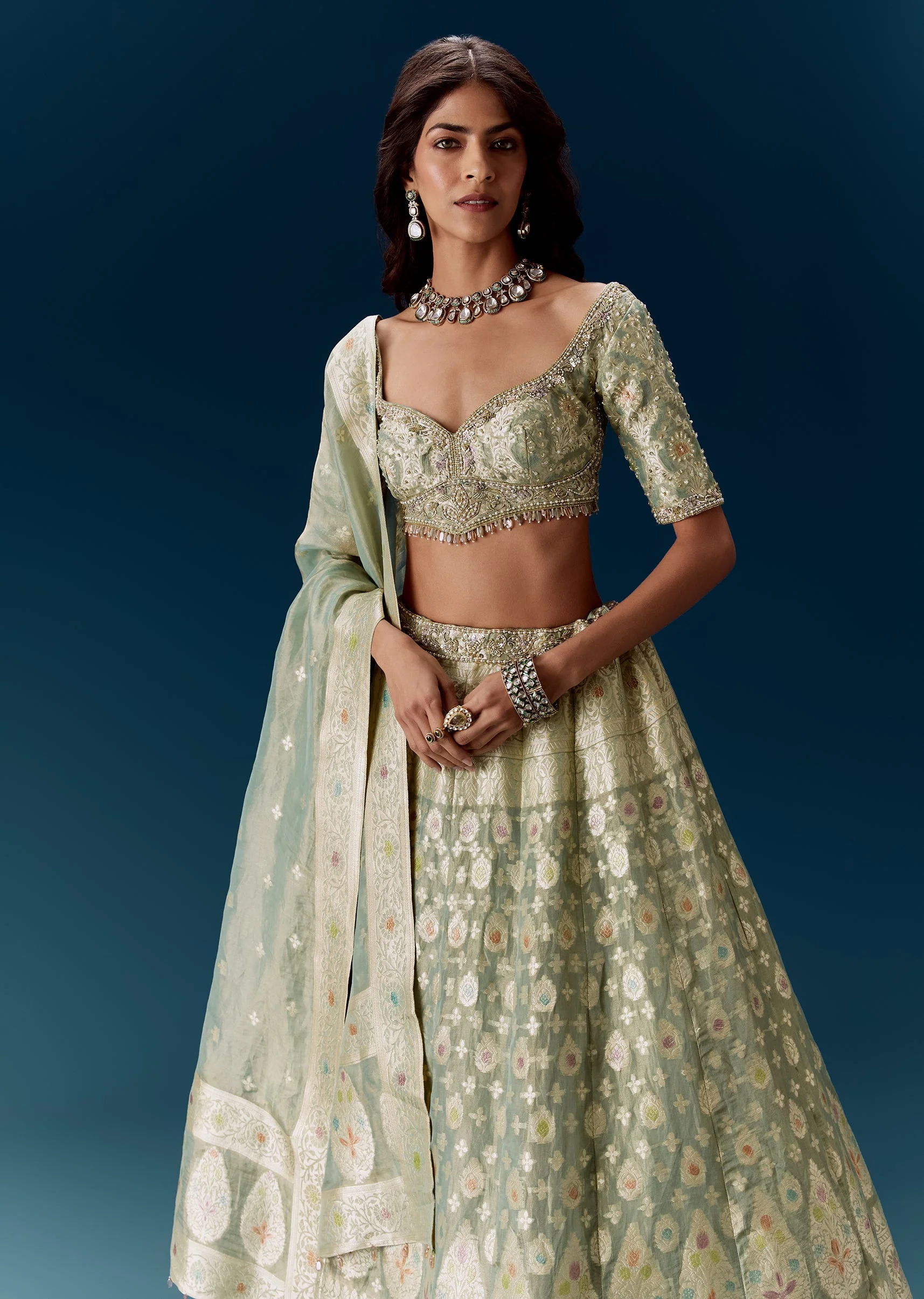 Sea Green Banarasi Embroidered Bridal Lehenga With Dupatta - Image 5