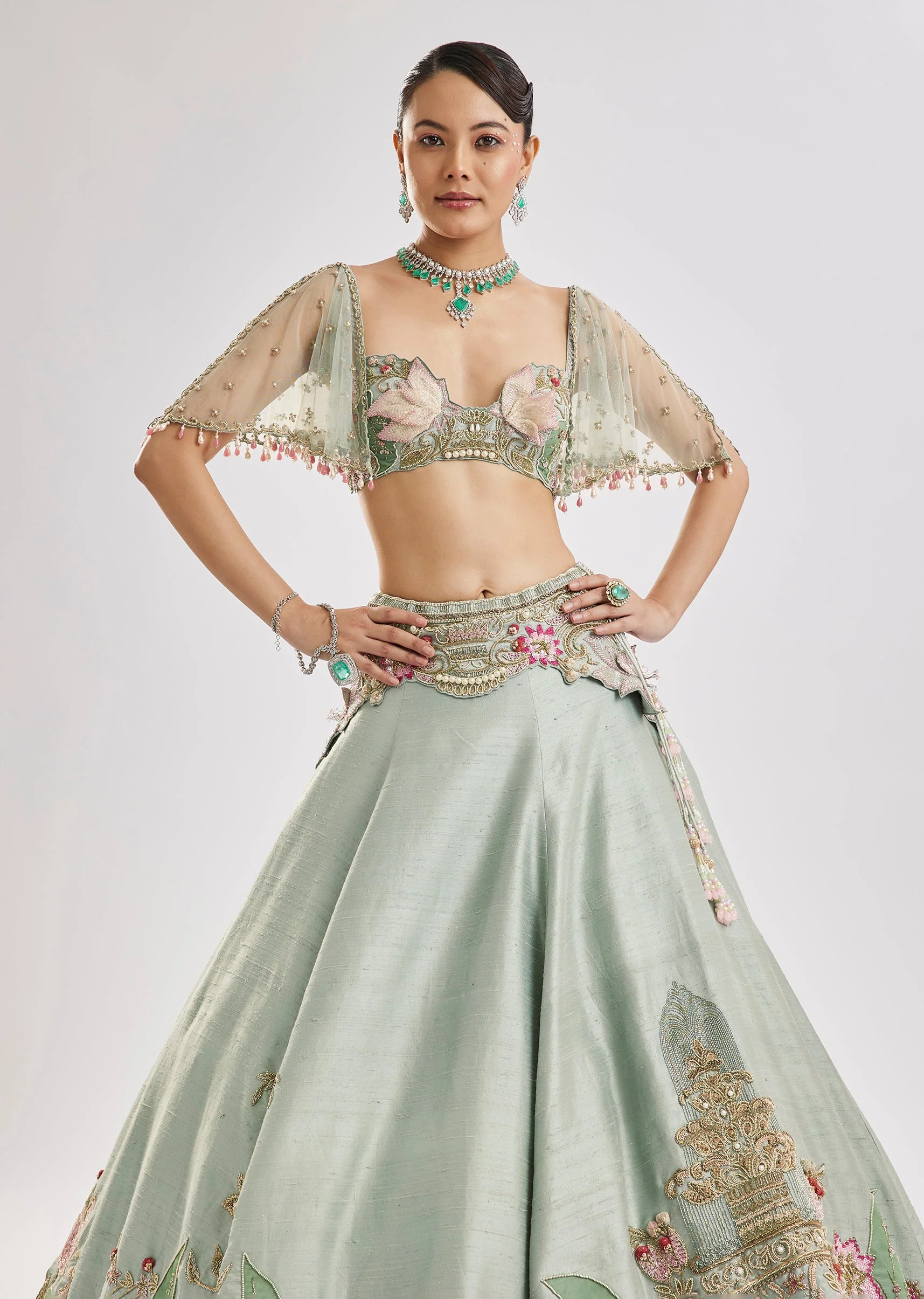Sea Green Embroidered Lehenga Set With Cape - Image 4