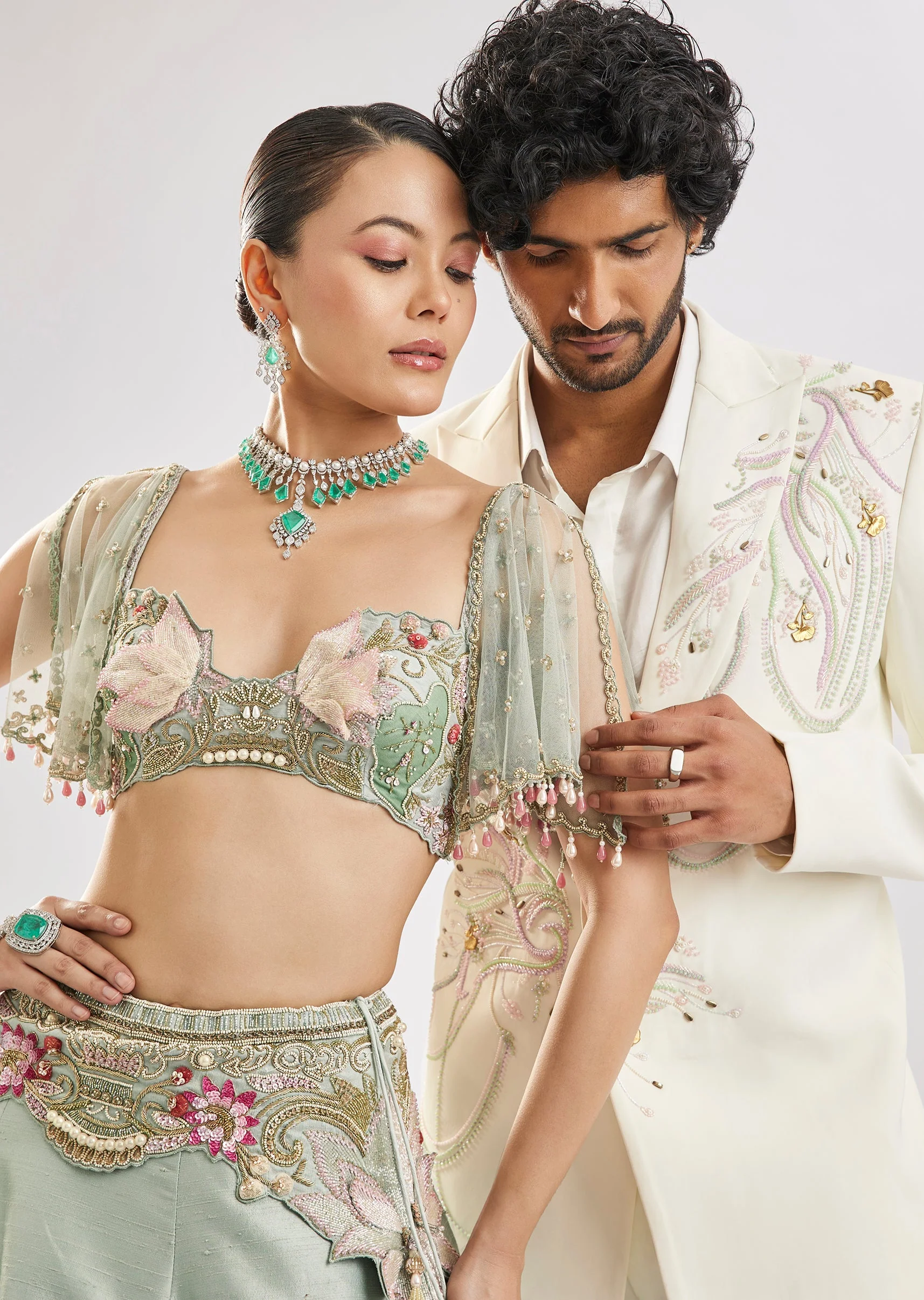 Sea Green Embroidered Lehenga Set With Cape - Image 6