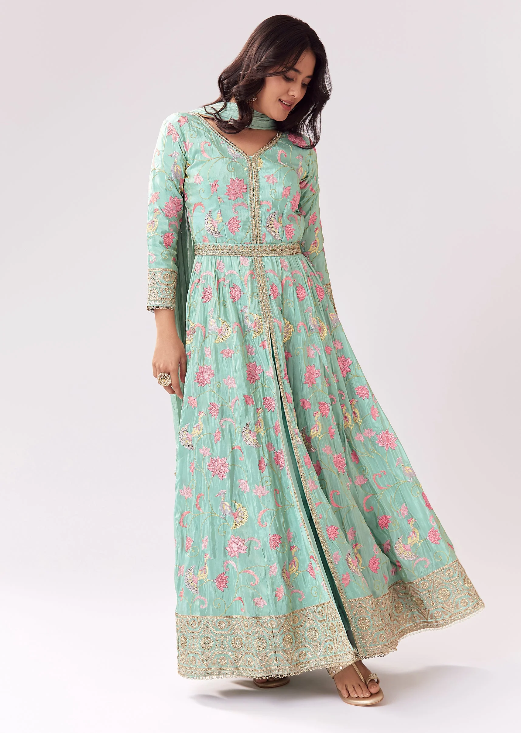 Sea Green Front Slit Anarkali With Parsi Work And Belt