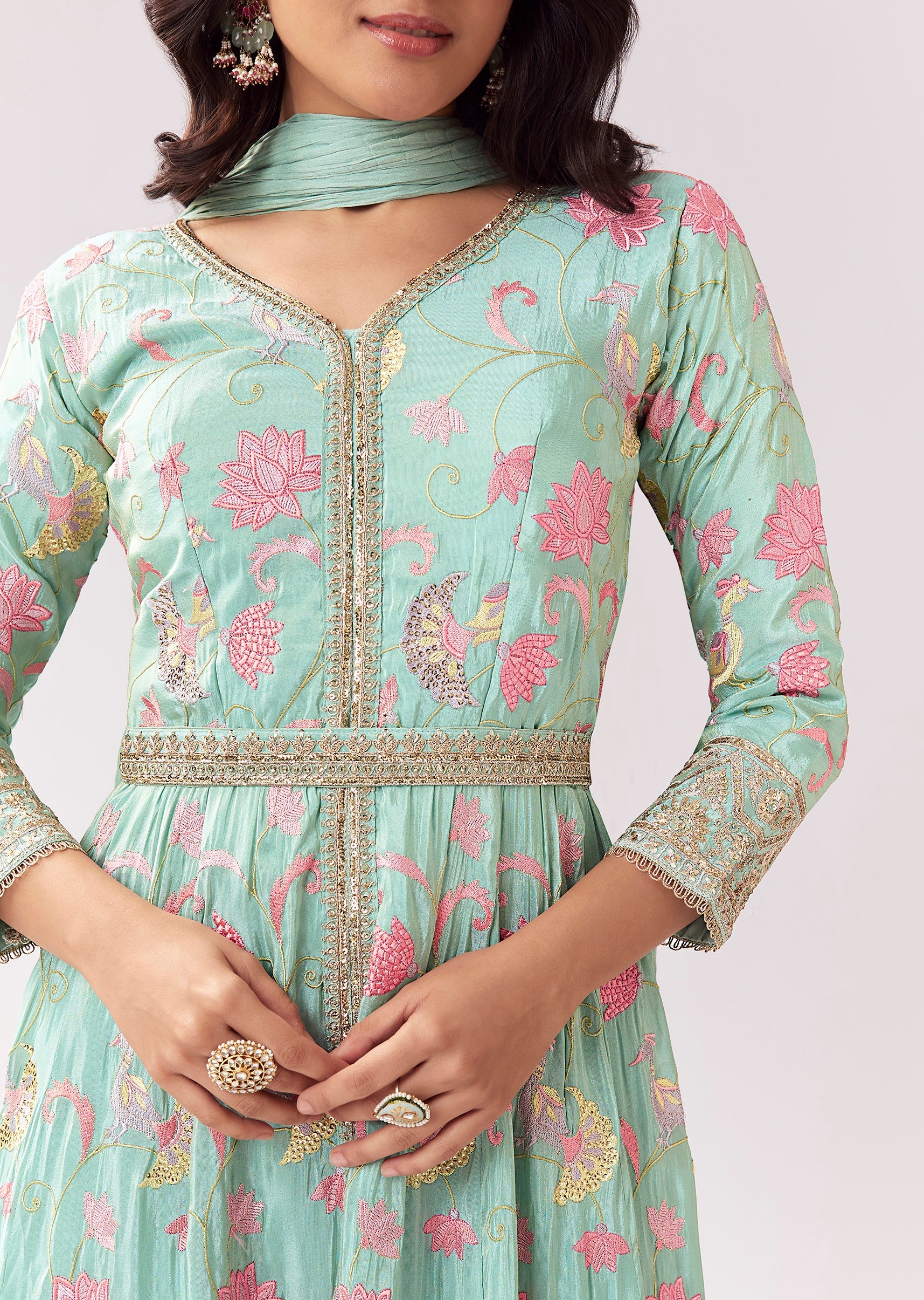 Sea Green Front Slit Anarkali With Parsi Work And Belt - Image 2