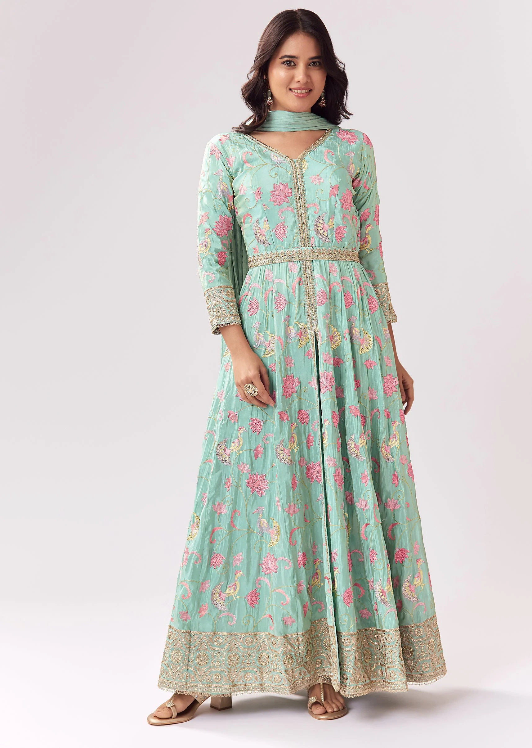 Sea Green Front Slit Anarkali With Parsi Work And Belt - Image 3