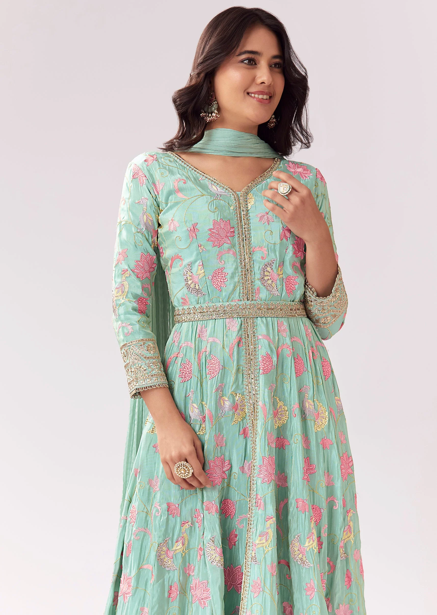 Sea Green Front Slit Anarkali With Parsi Work And Belt - Image 4