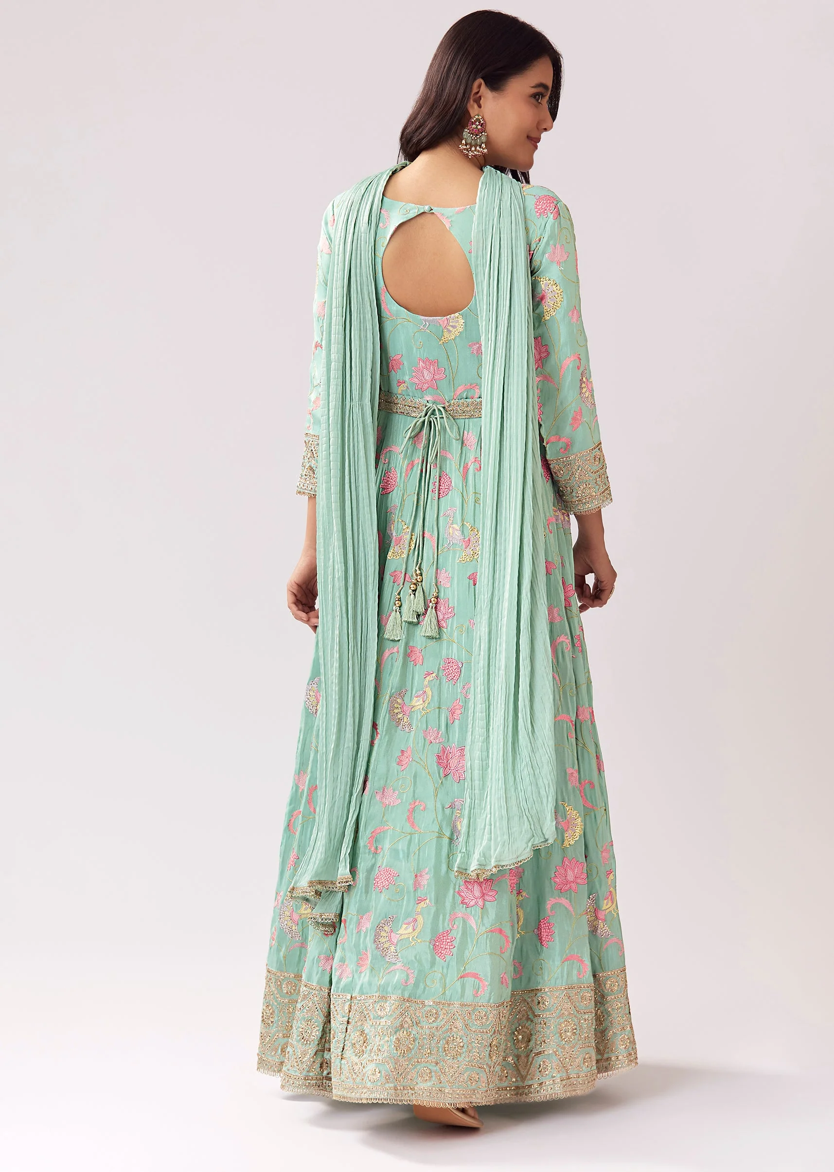 Sea Green Front Slit Anarkali With Parsi Work And Belt - Image 5