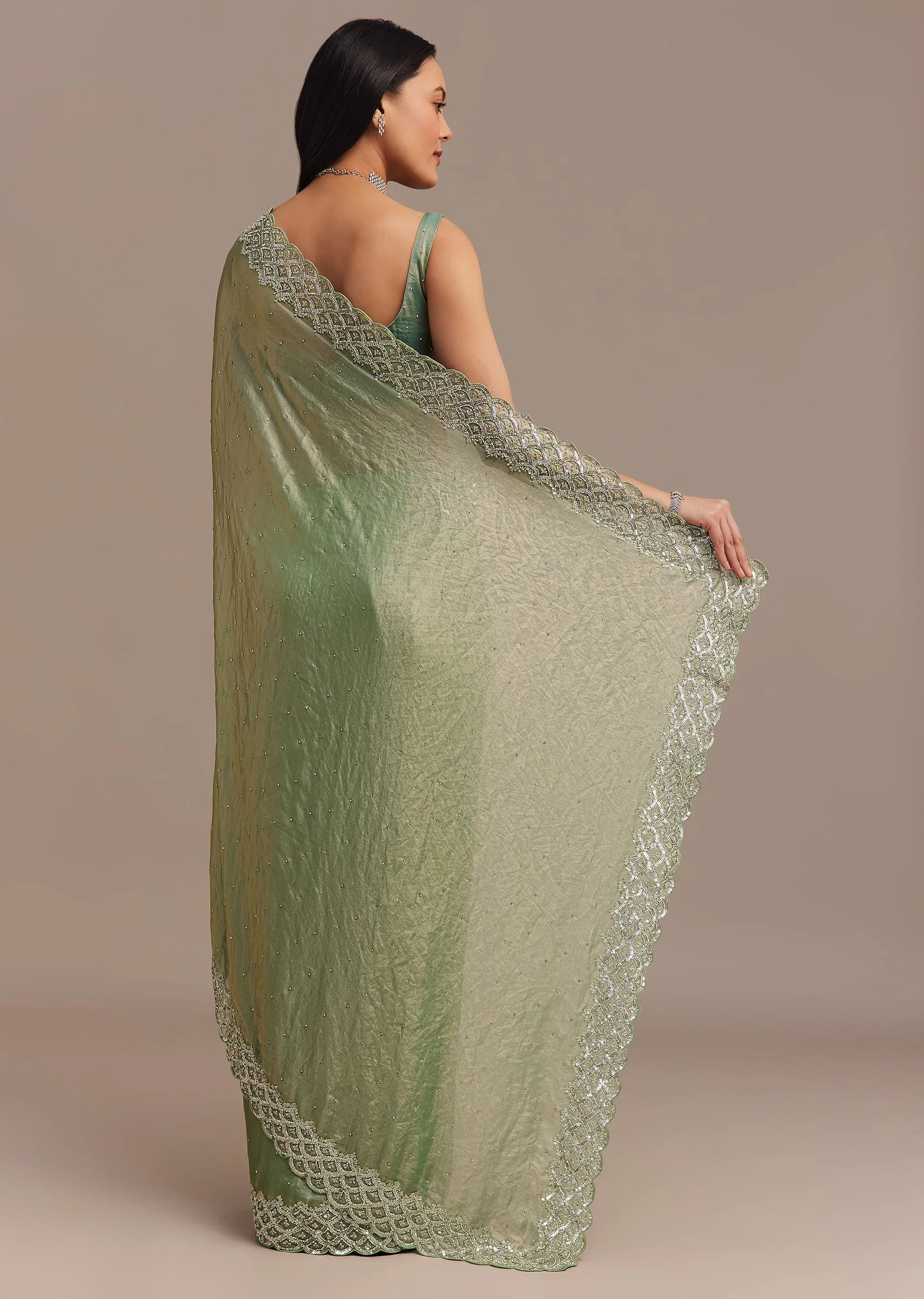 Sea Green Glass Tissue Saree With Cutdana And Stone Embroidery - Image 4