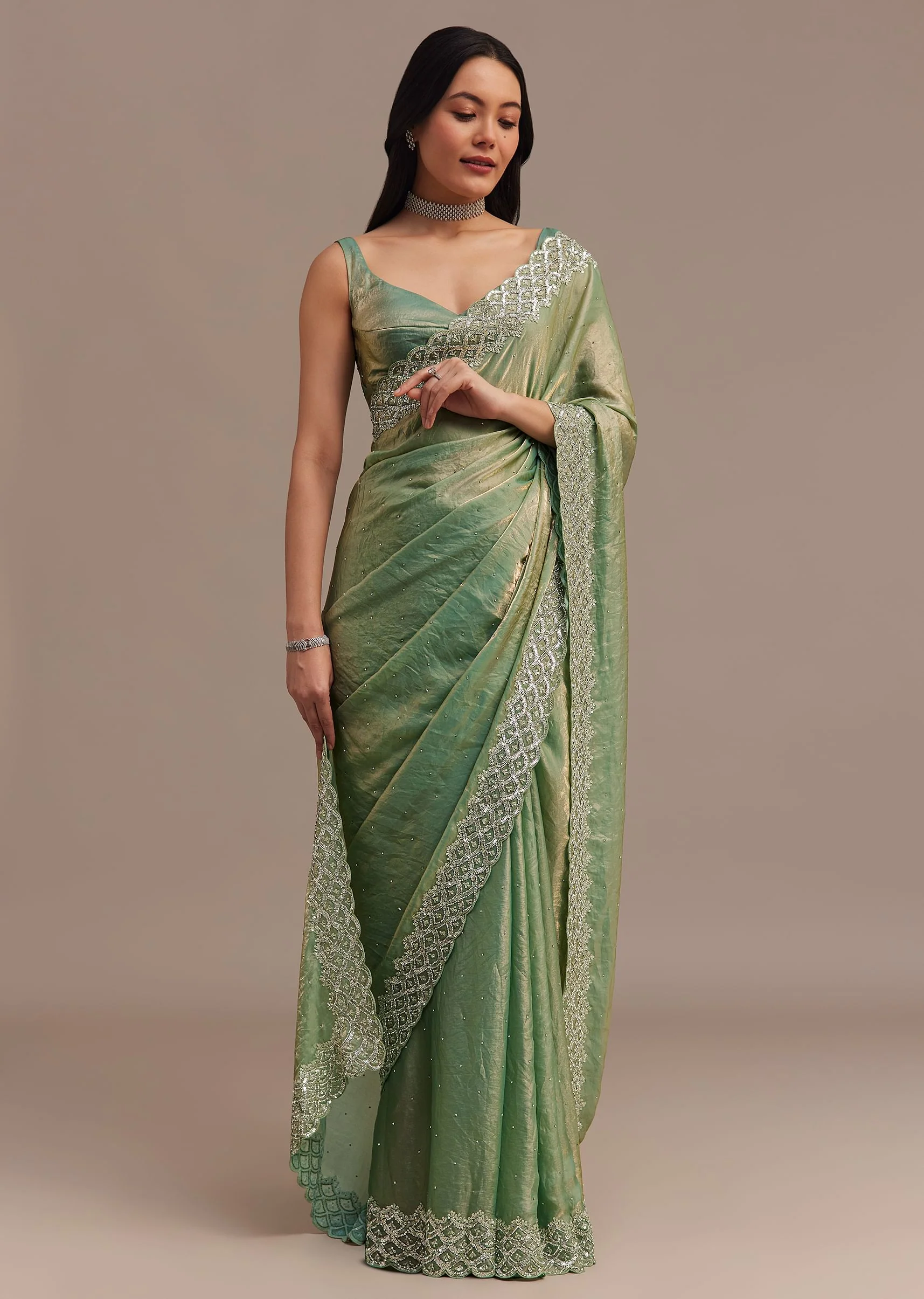 Sea Green Glass Tissue Saree With Cutdana And Stone Embroidery - Image 5