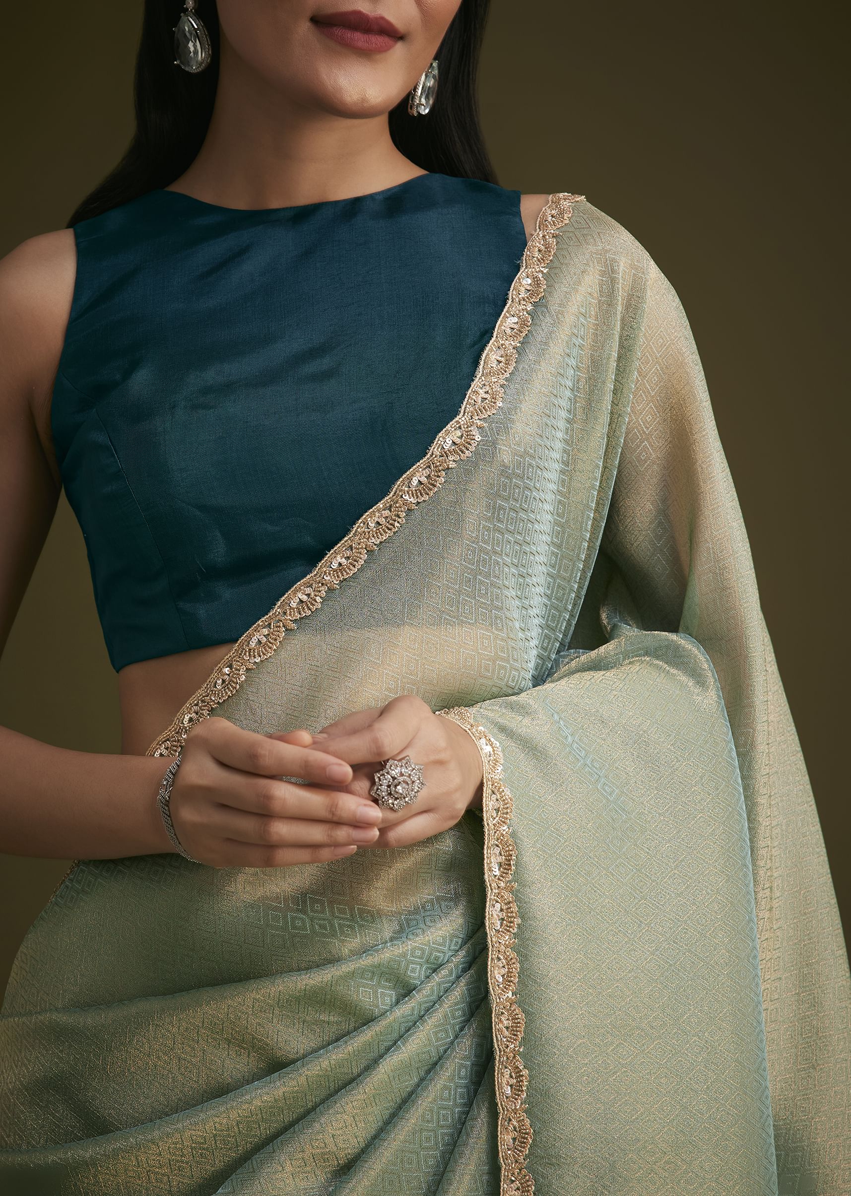 Sea Green Jacquard Sequins Saree With Cutdana Stones - Image 3