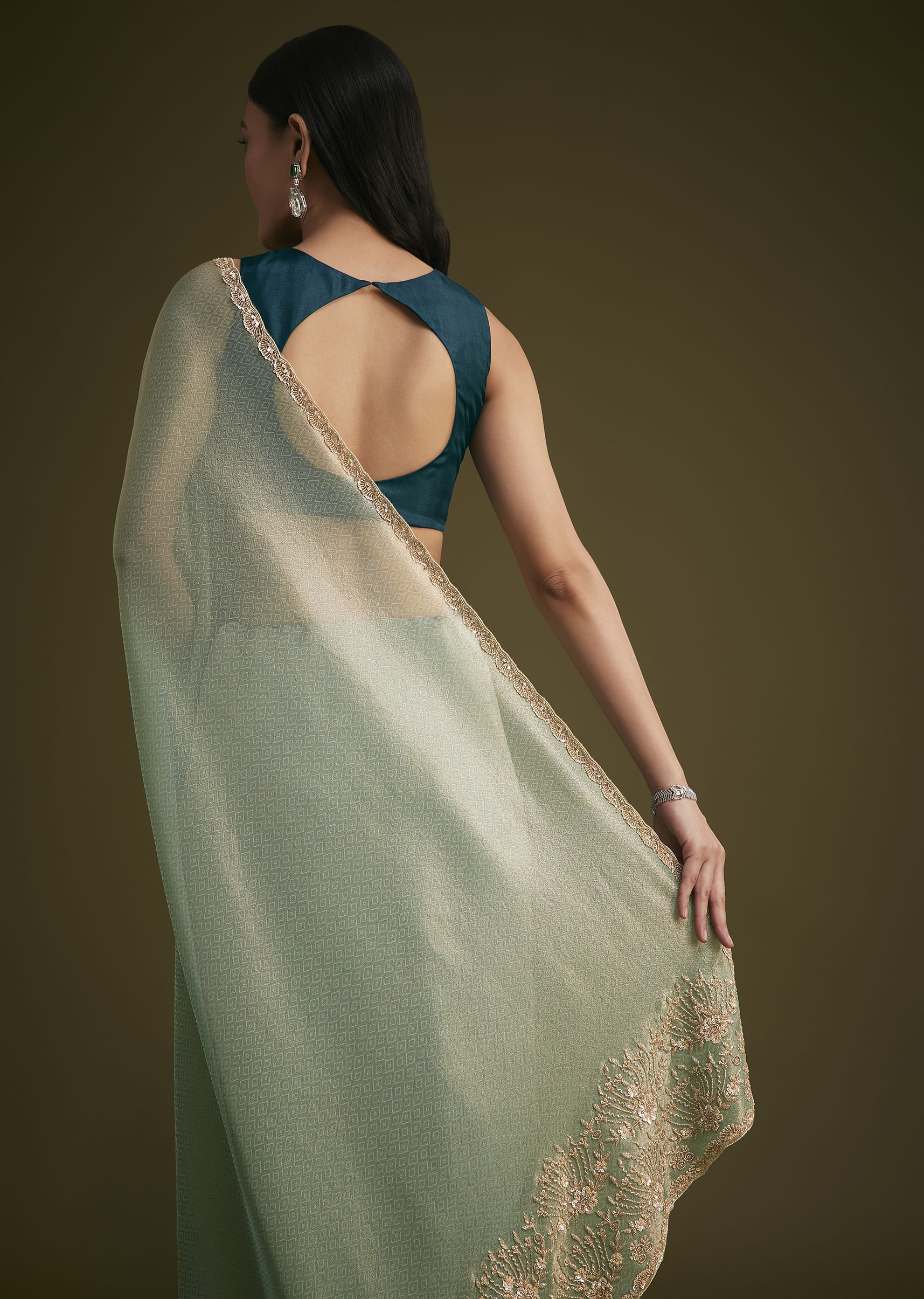 Sea Green Jacquard Sequins Saree With Cutdana Stones - Image 4