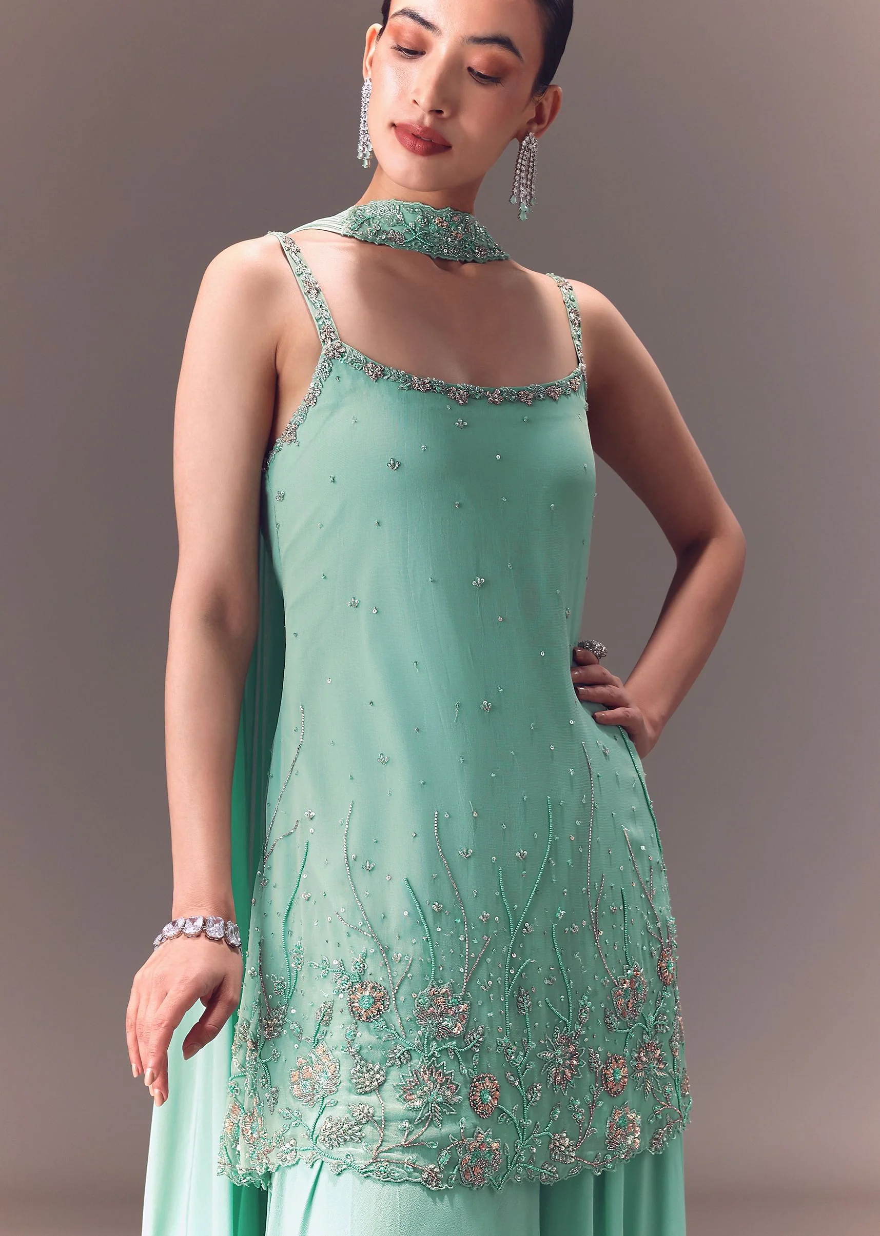 Sea Green Kurta Sharara Set With Choker Dupatta - Image 2
