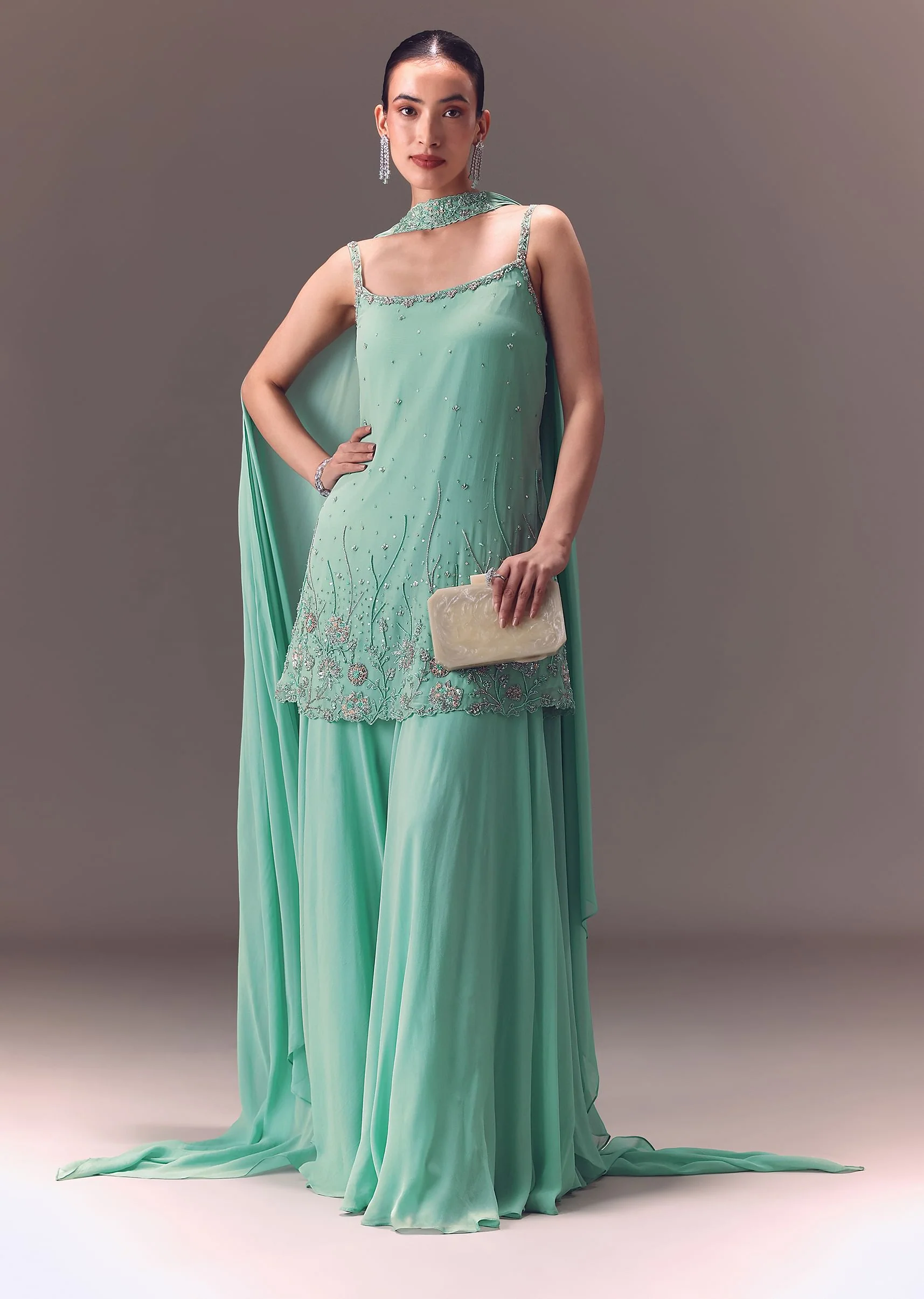 Sea Green Kurta Sharara Set With Choker Dupatta - Image 3