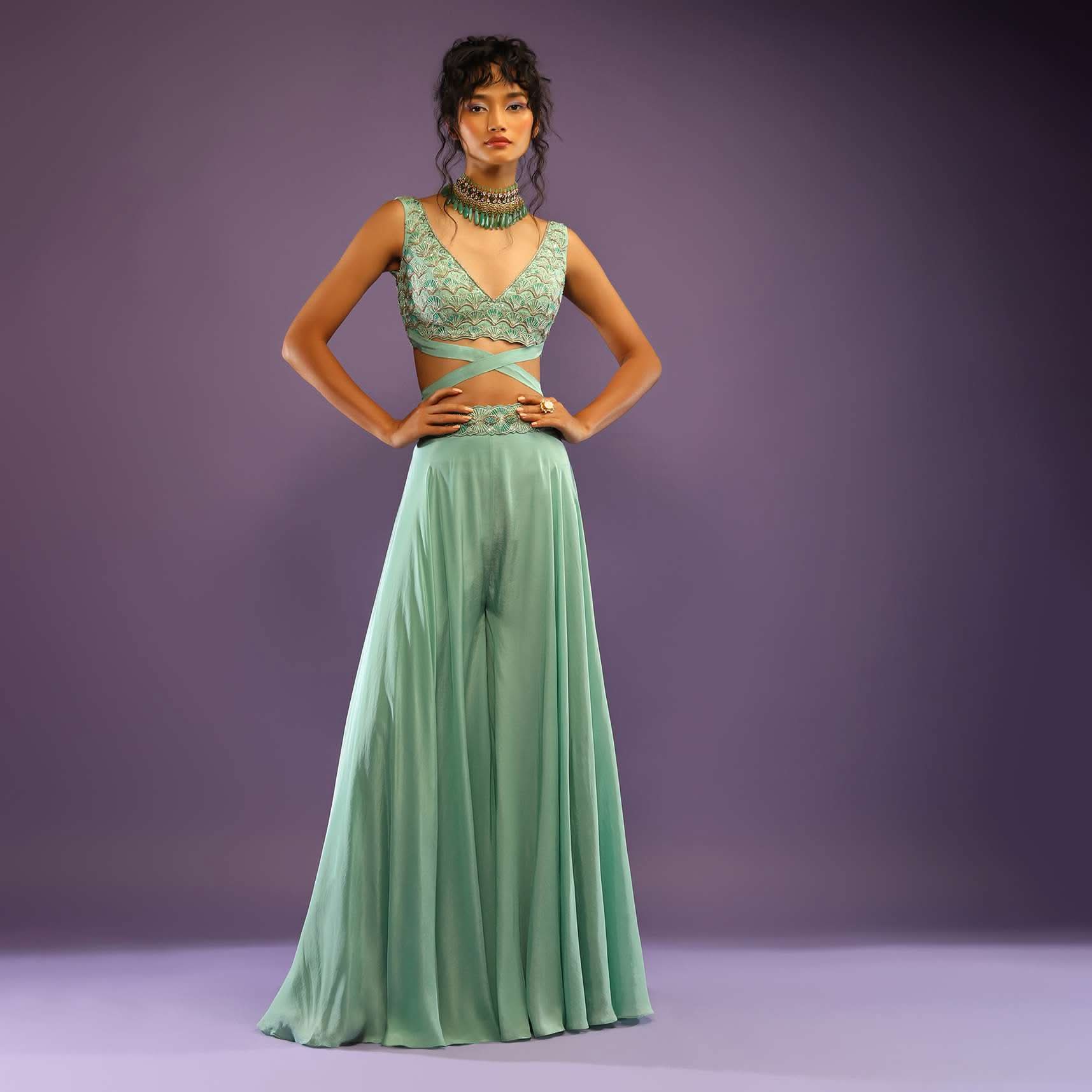 Sea Green Palazzo And Crop Top With Wrap Around Straps And Shaded Green Bead Work In Scallop Motifs - Image 2