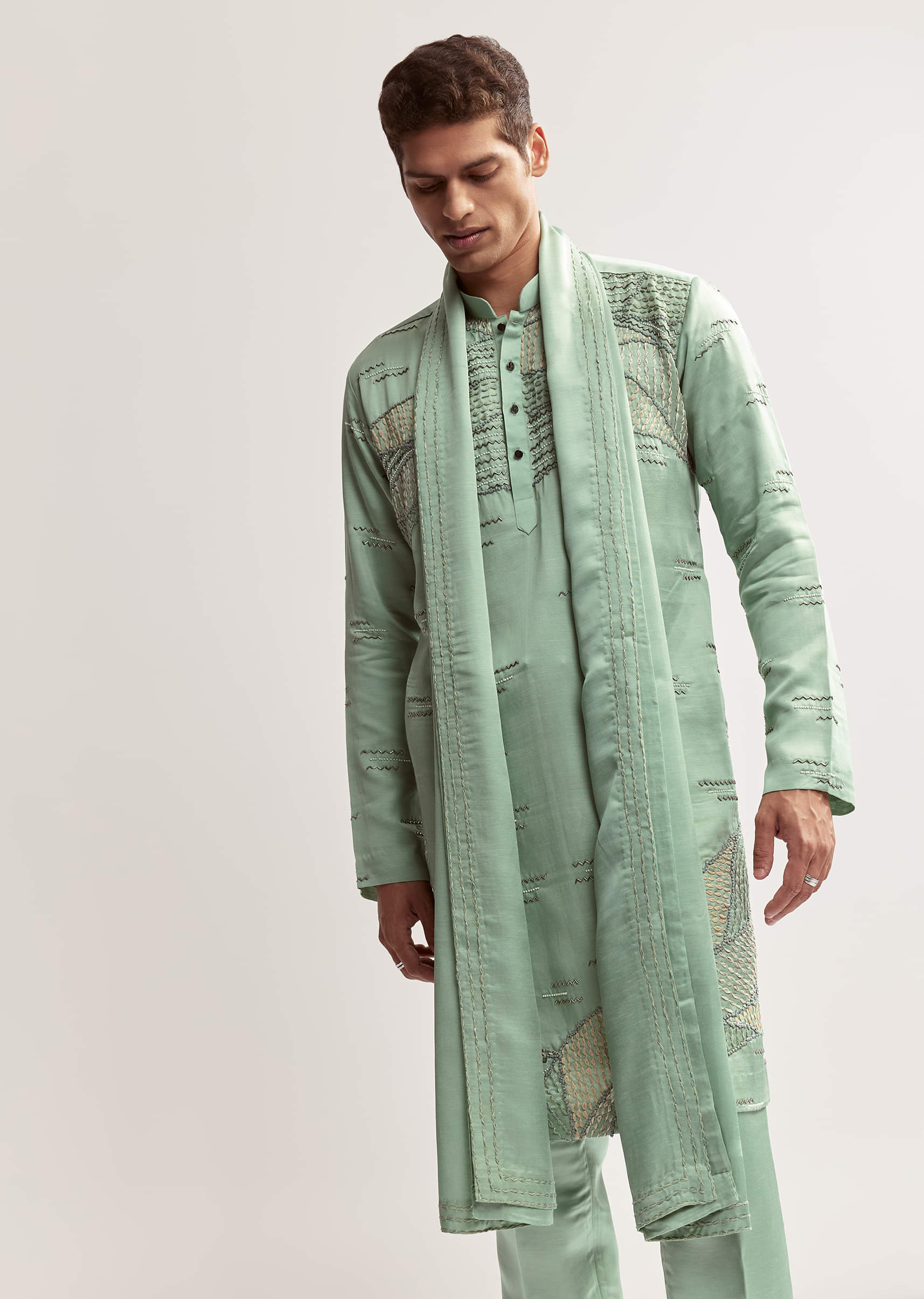Sea Green Silk Kurta Set For Men With Bead Embroidery - Image 3