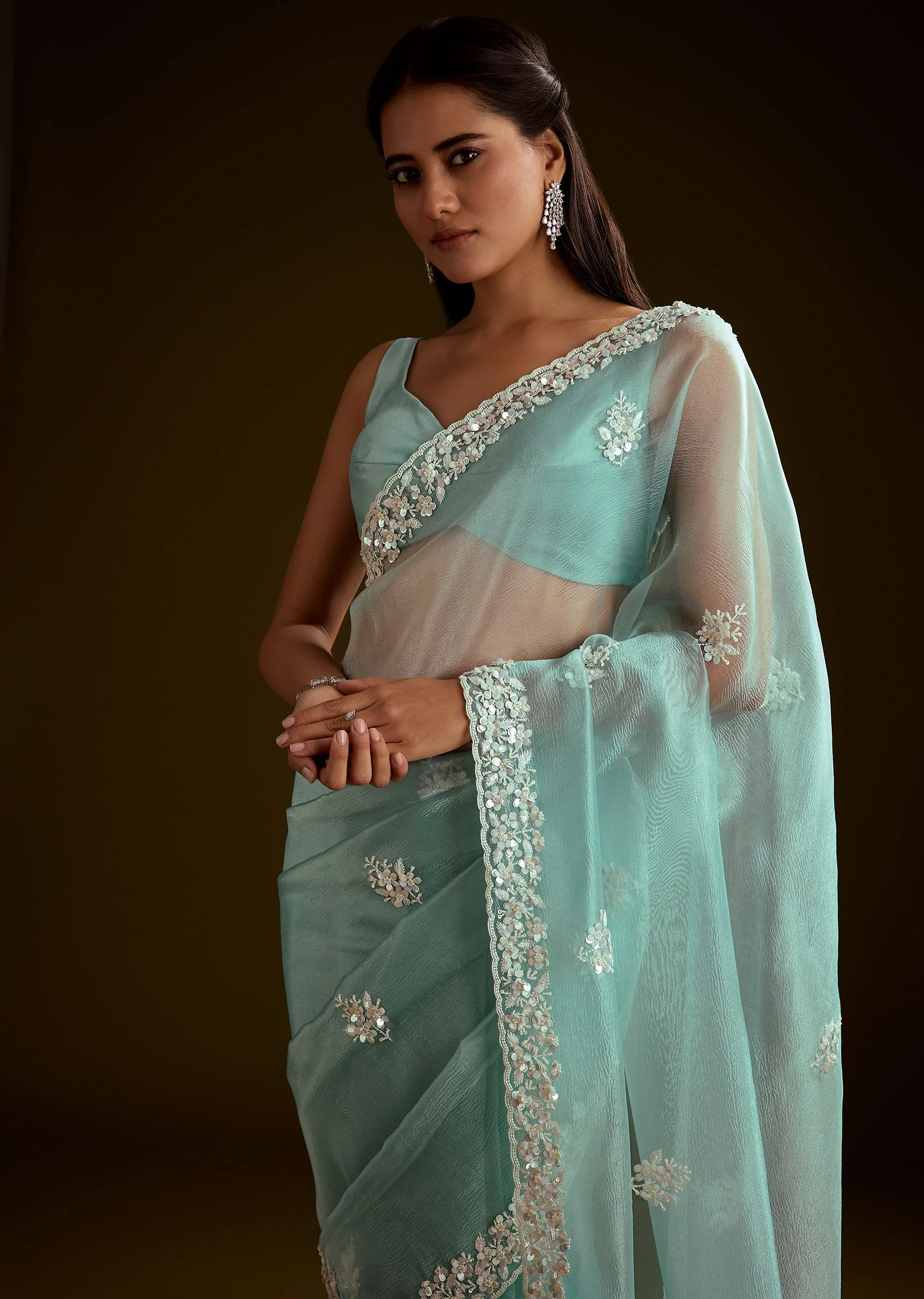 Sea Green Tissue Saree With Floral Embroidery And Scallop Border - Image 4