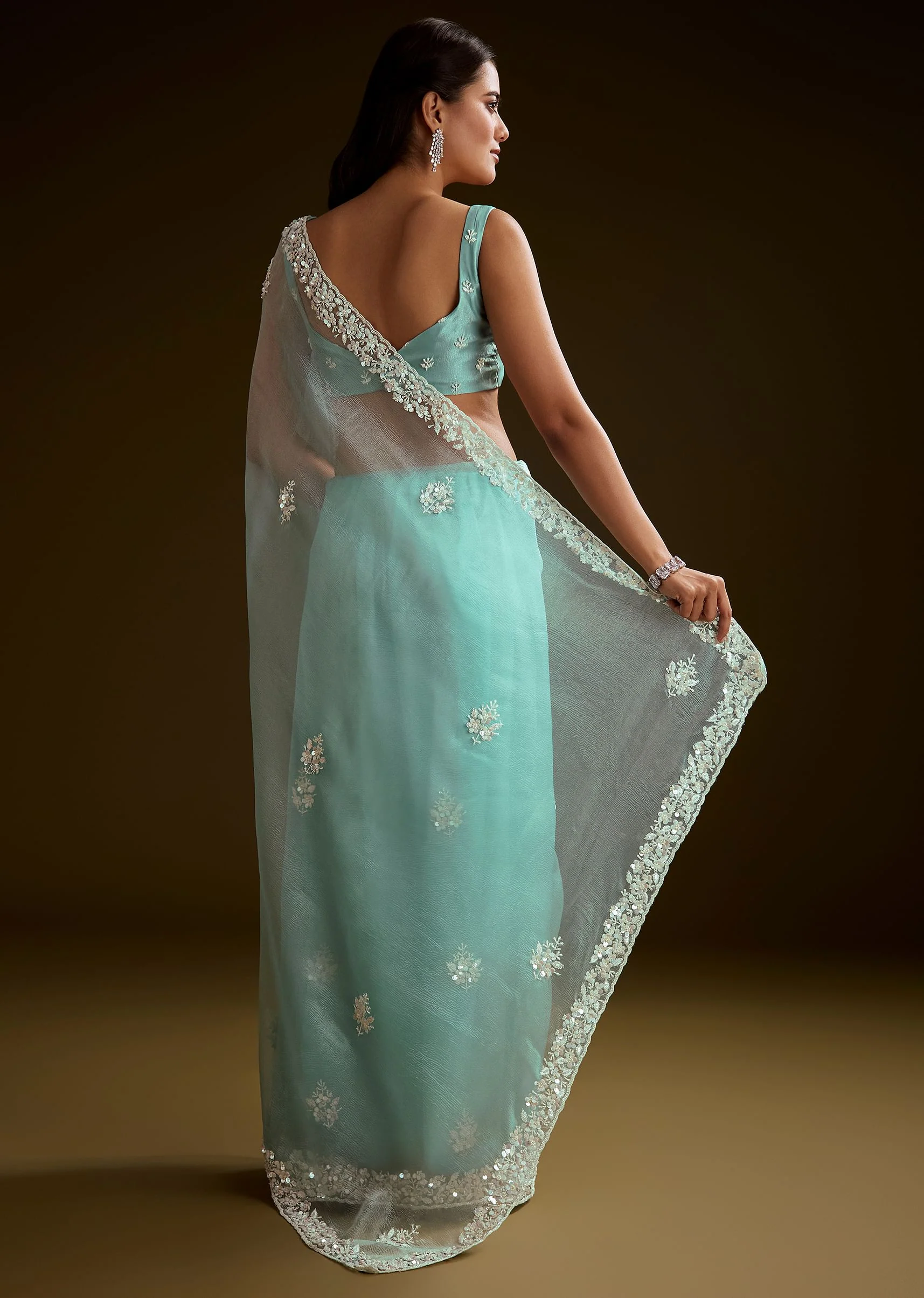 Sea Green Tissue Saree With Floral Embroidery And Scallop Border - Image 5
