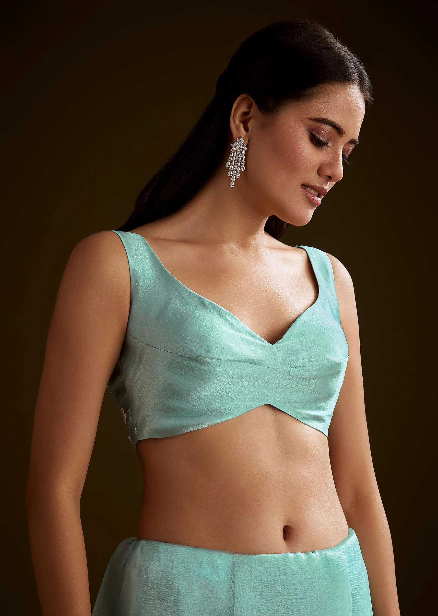 Sea Green Tissue Saree With Floral Embroidery And Scallop Border - Image 7