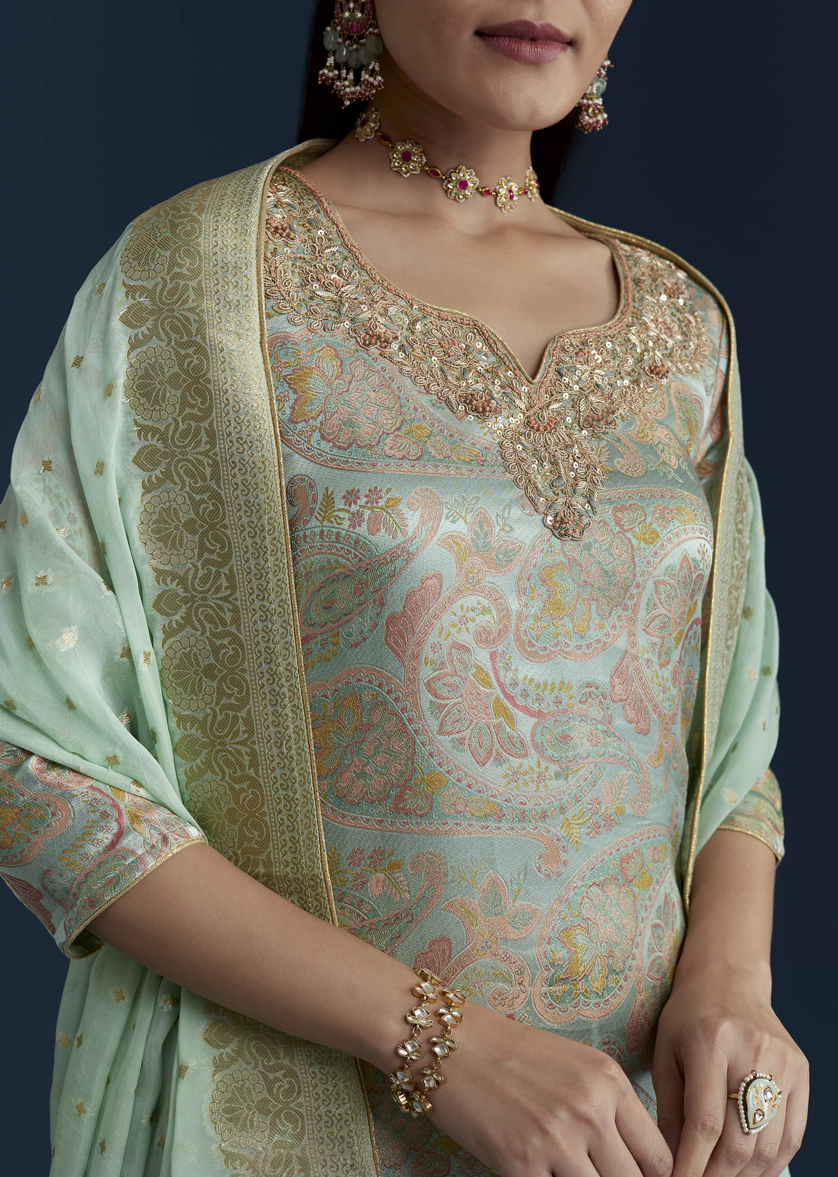 Sea Green Tissue Silk Jacquard Weave Kurta Set - Image 2