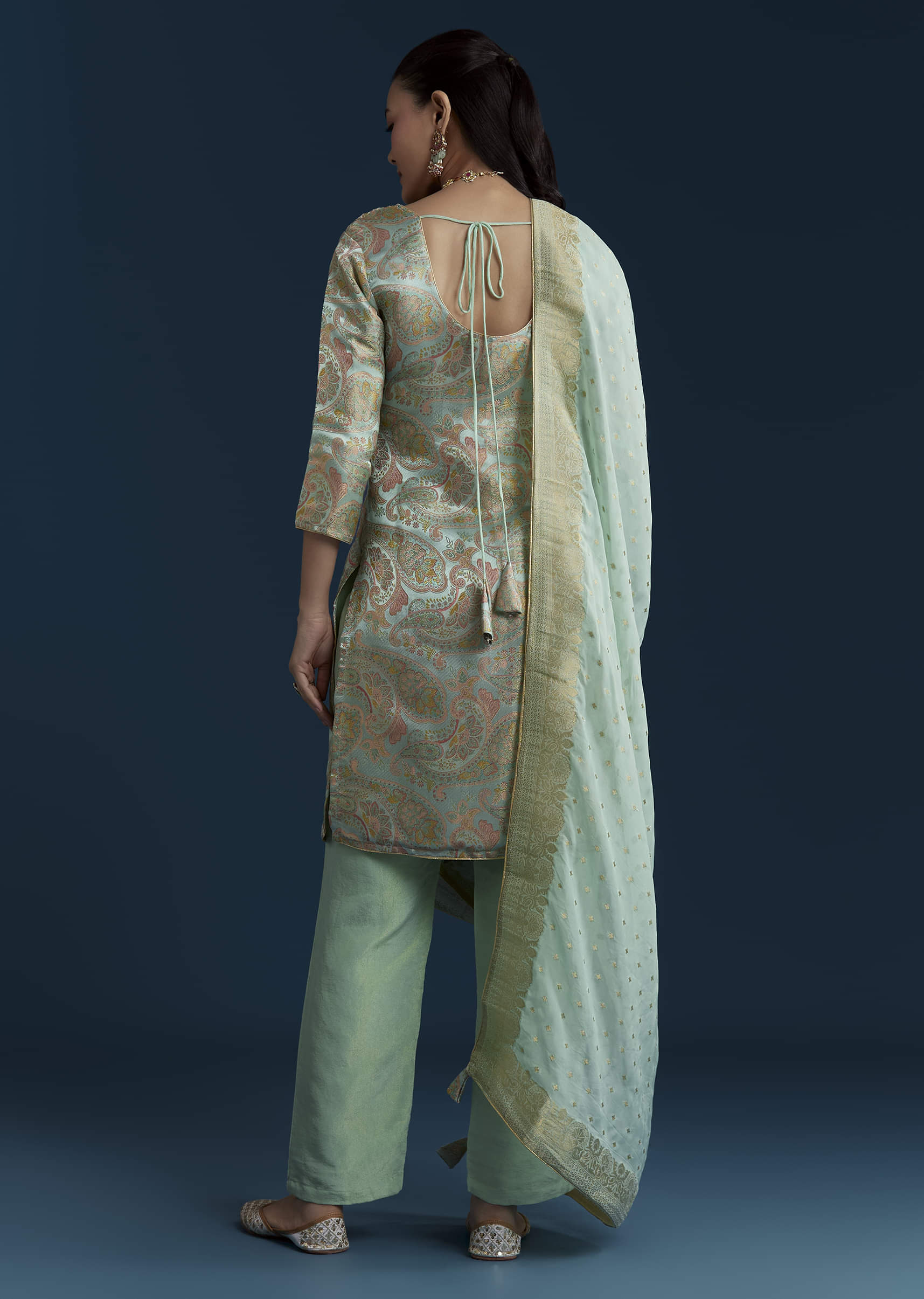 Sea Green Tissue Silk Jacquard Weave Kurta Set - Image 5
