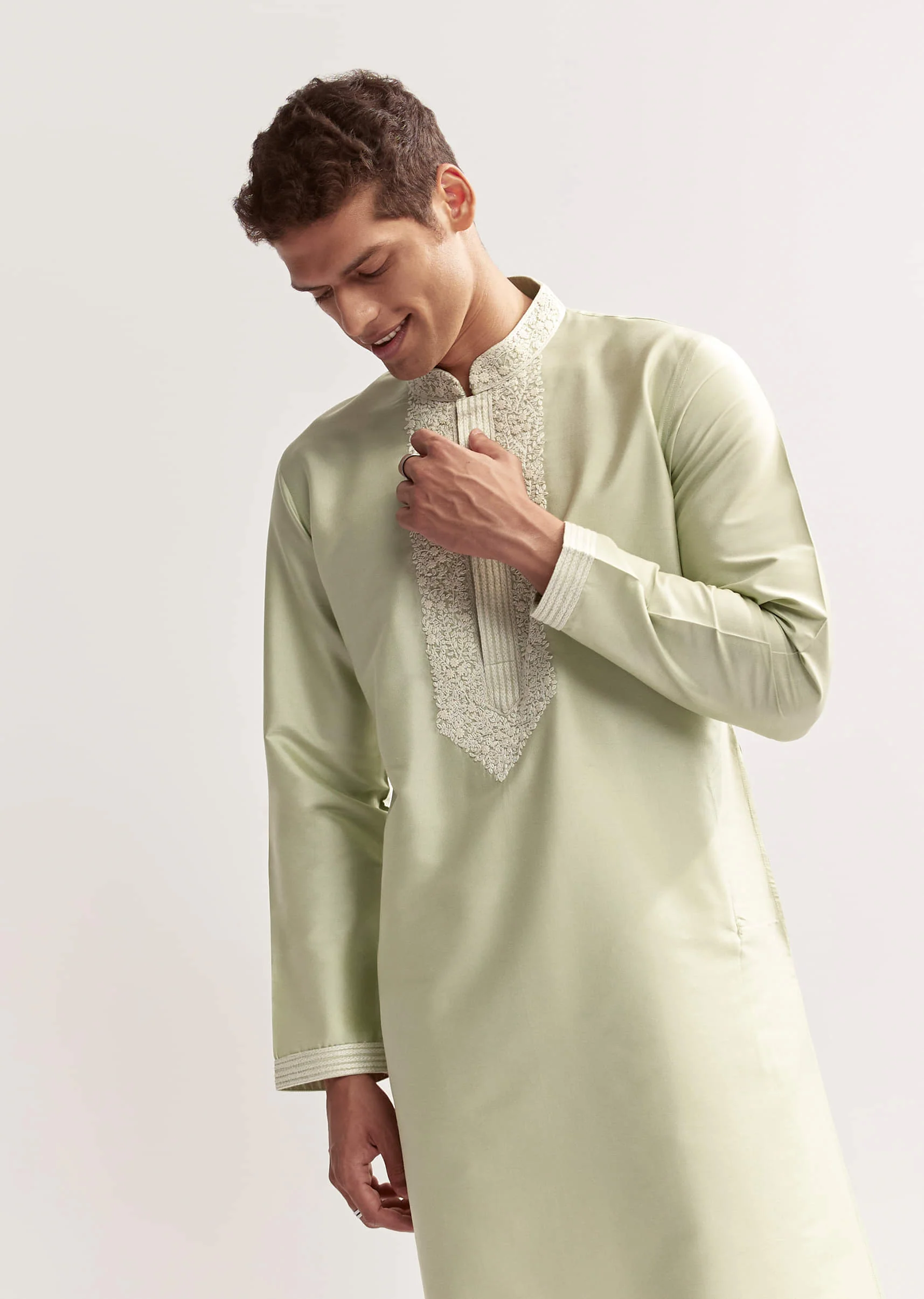 Sea Green Viscose Chanderi Kurta Set For Men With Hand Work - Image 3