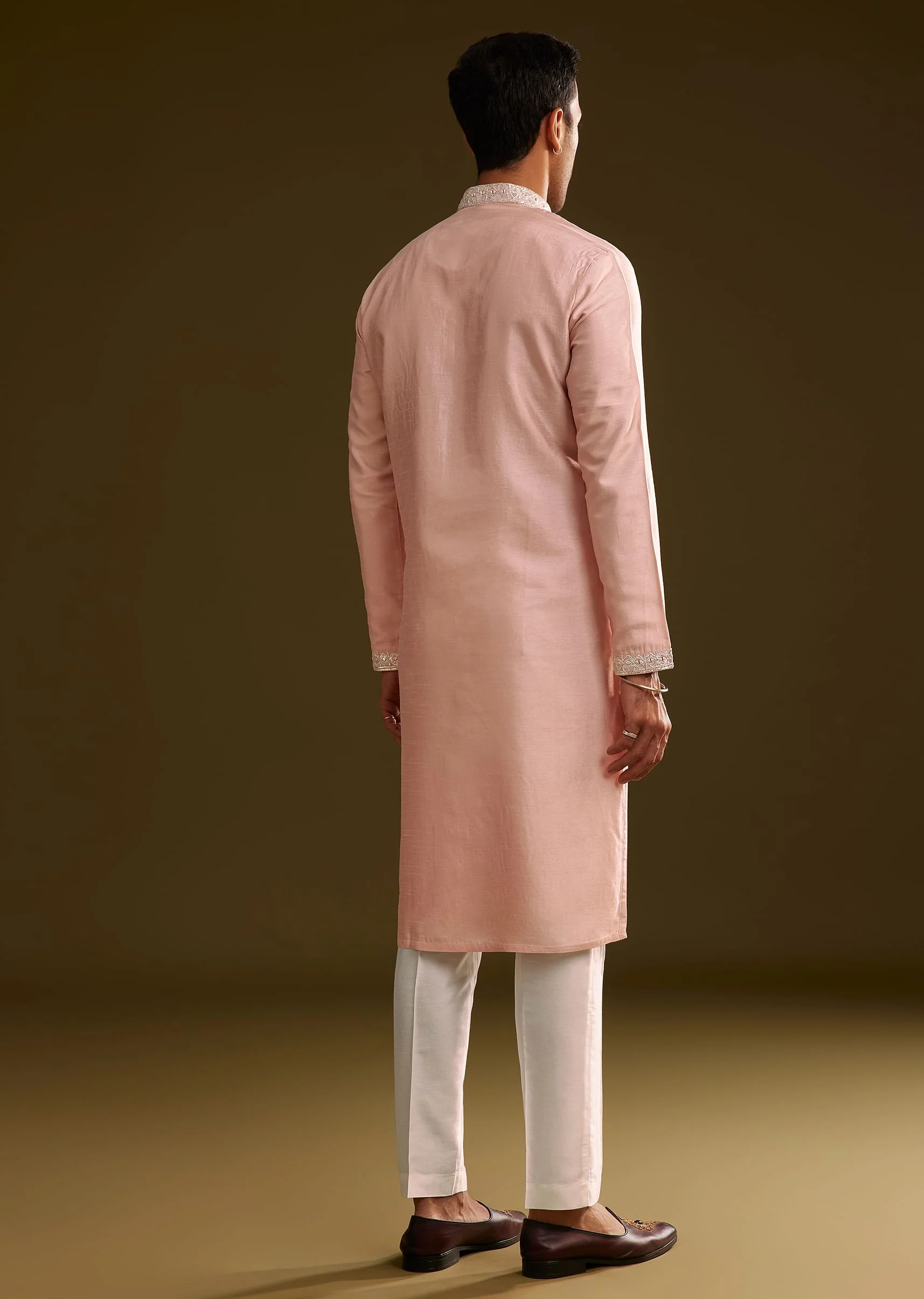 Sea Shell Pink Silk Kurta Set With Embroidery - Image 5
