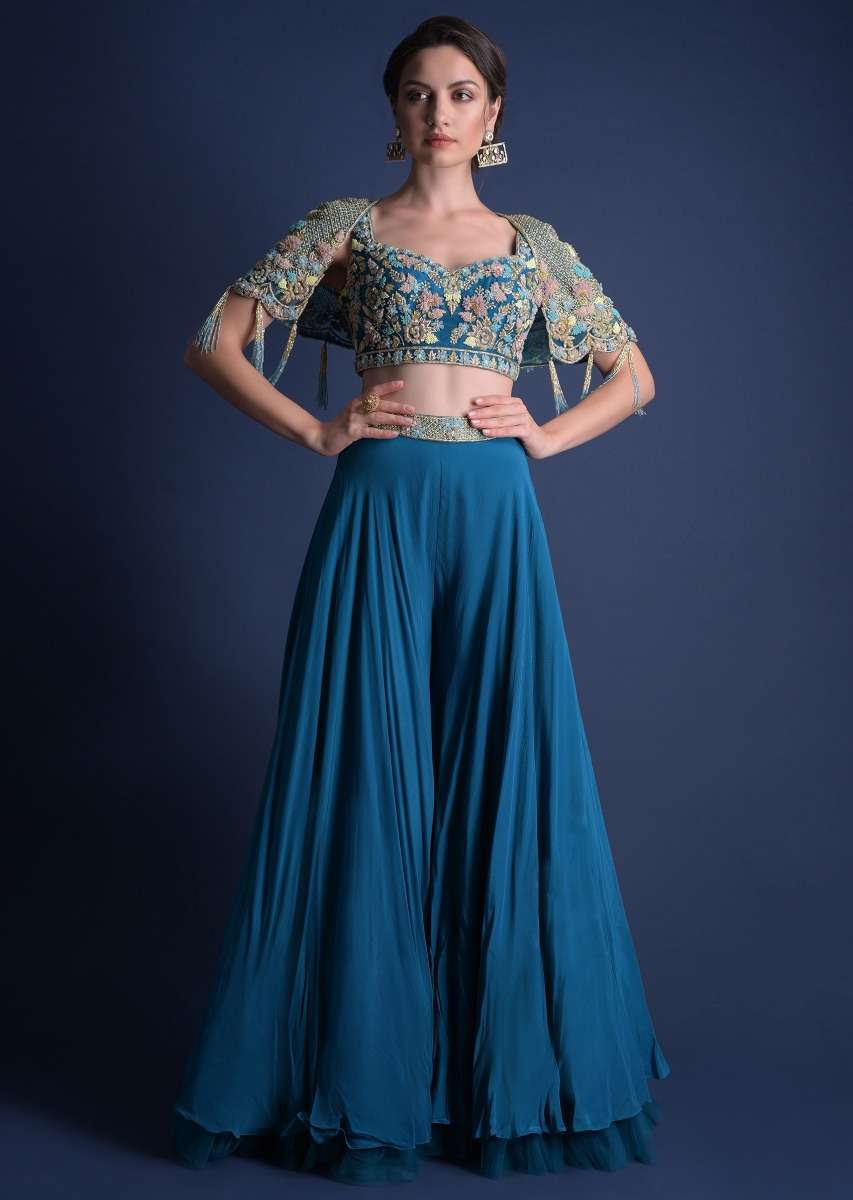 Seaside Blue Crop Top And Palazzo With Embossed Embroidery And Hand Crafted Cape - Image 6