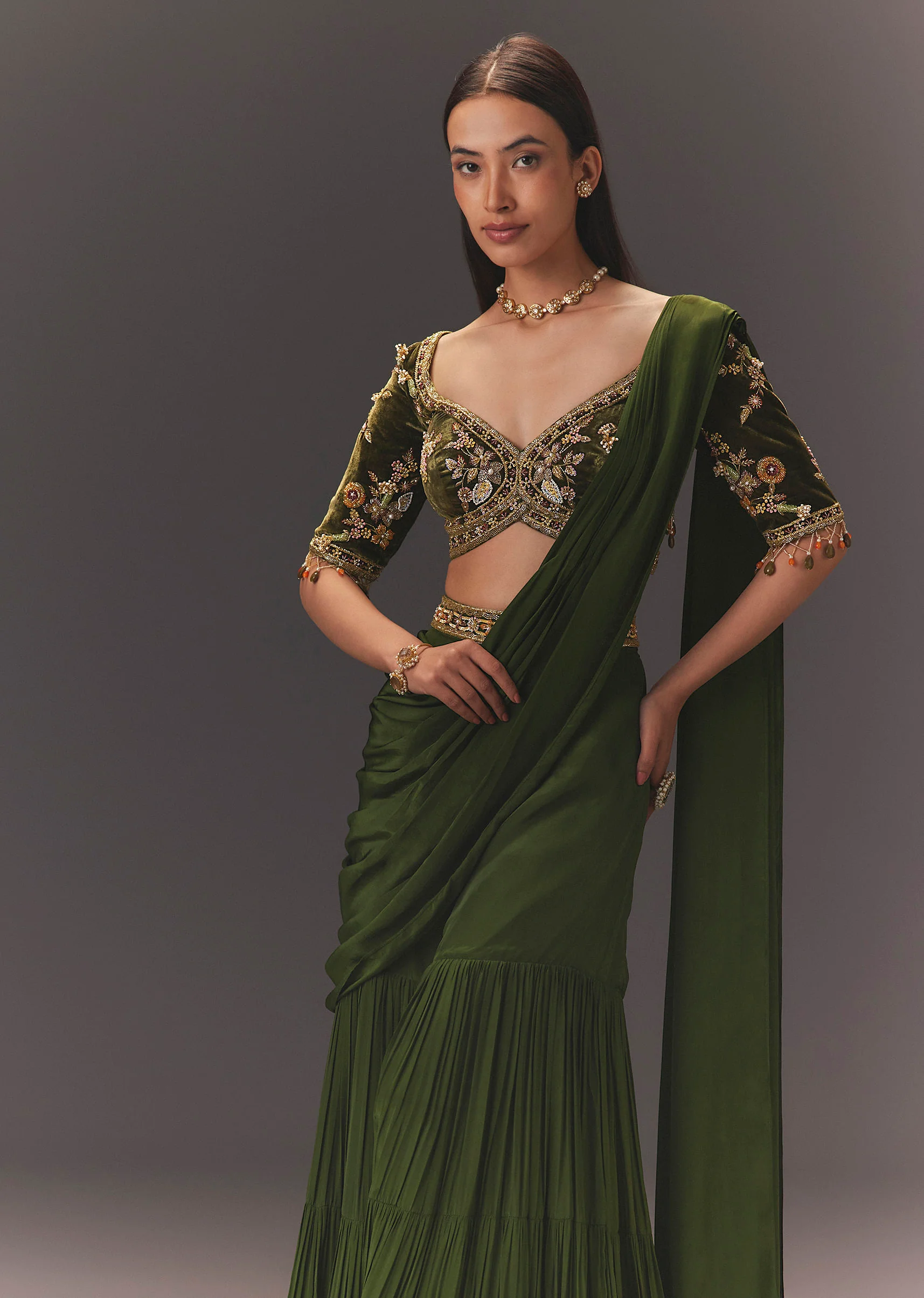 Seaweed Green Hand Embroidered Drape Pallu Style Sharara Set - Image 4