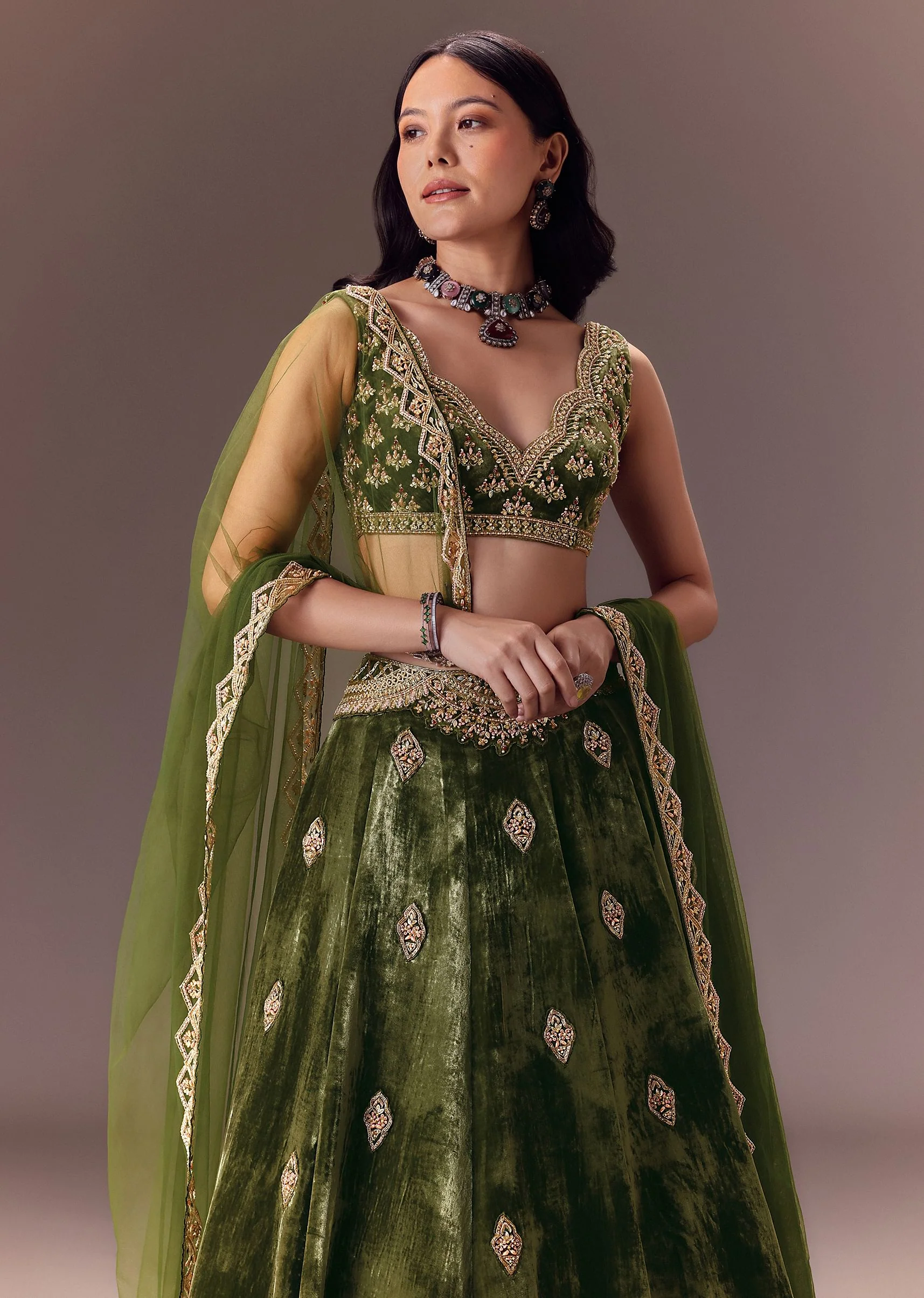 Seaweed Green Velvet Lehenga Set With Hand Work - Image 2