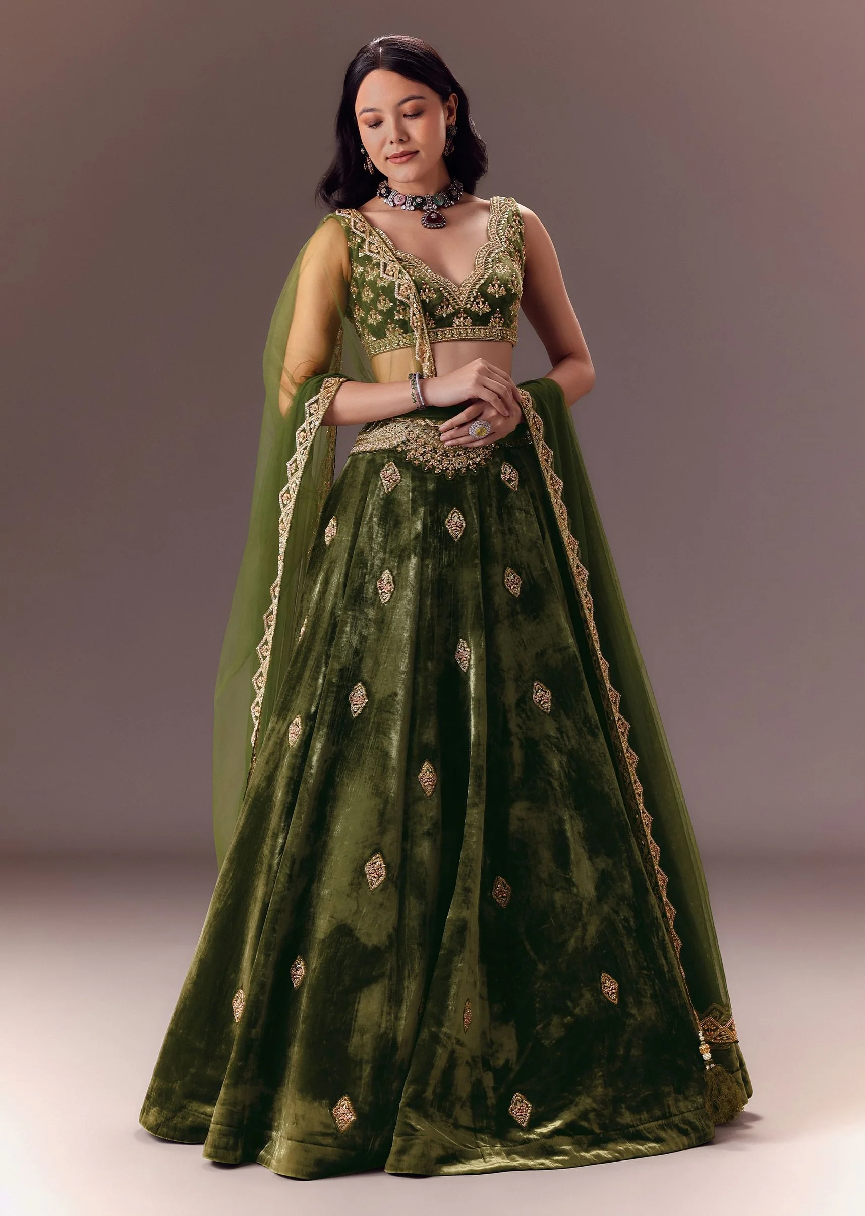 Seaweed Green Velvet Lehenga Set With Hand Work - Image 3