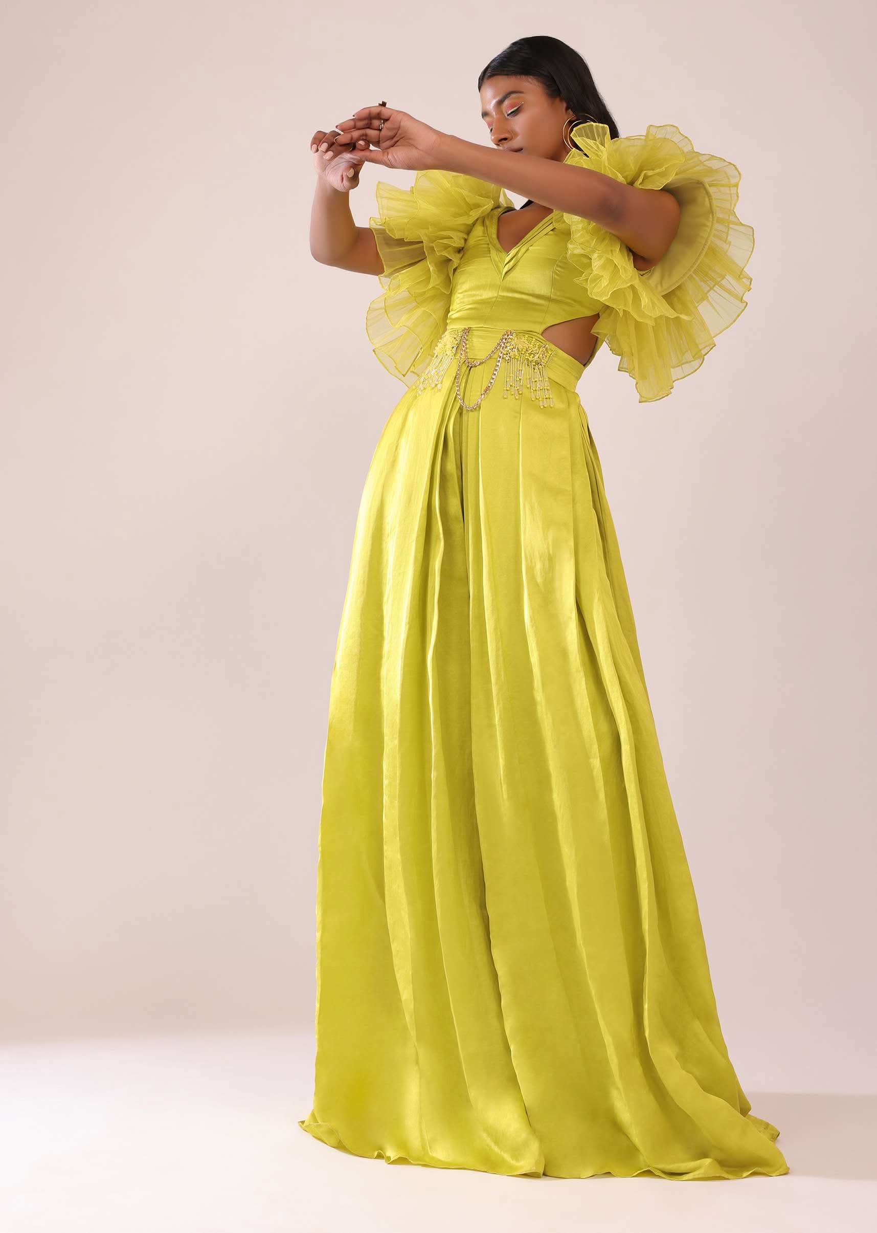 Sheen Green Jumpsuit With Ruffle Sleeves In Viscos Linen And Satin - Image 4