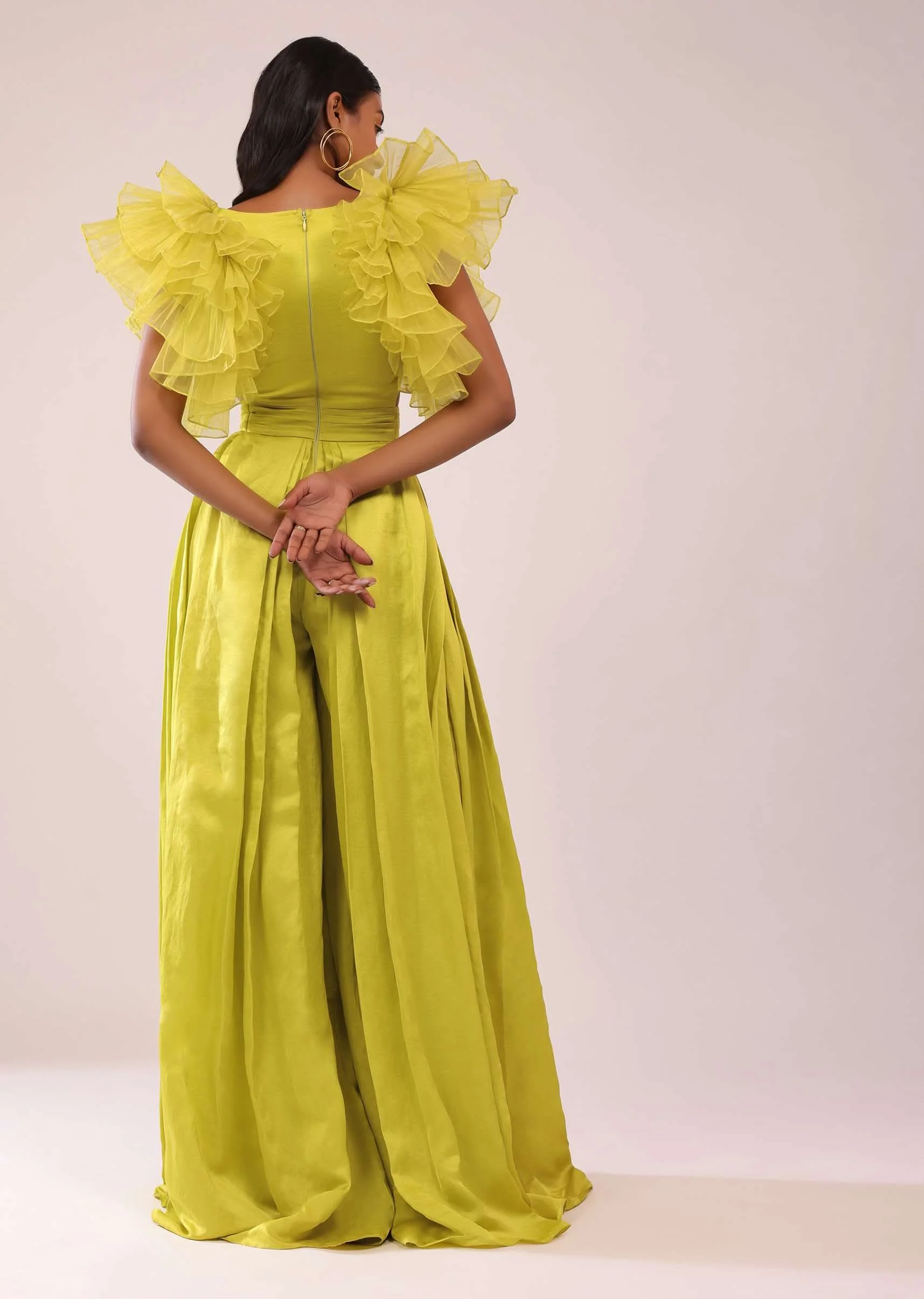 Sheen Green Jumpsuit With Ruffle Sleeves In Viscos Linen And Satin - Image 7