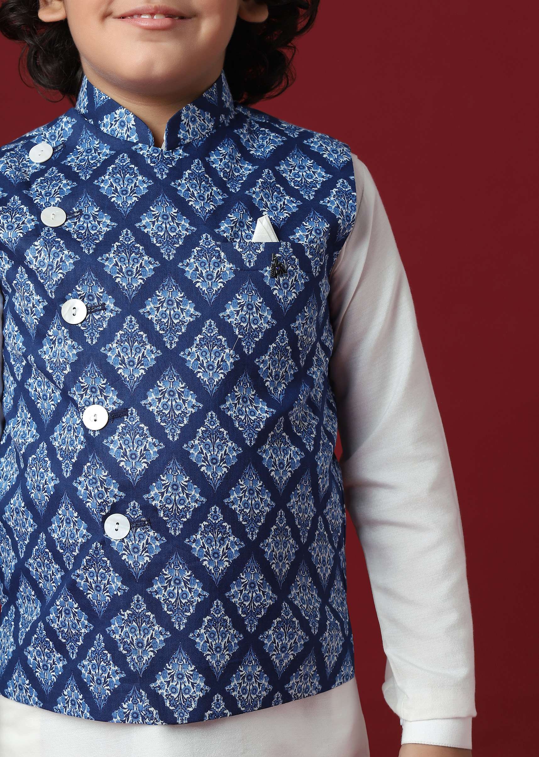 Silk Printed Jacket Kurta Set in Blue - Image 3