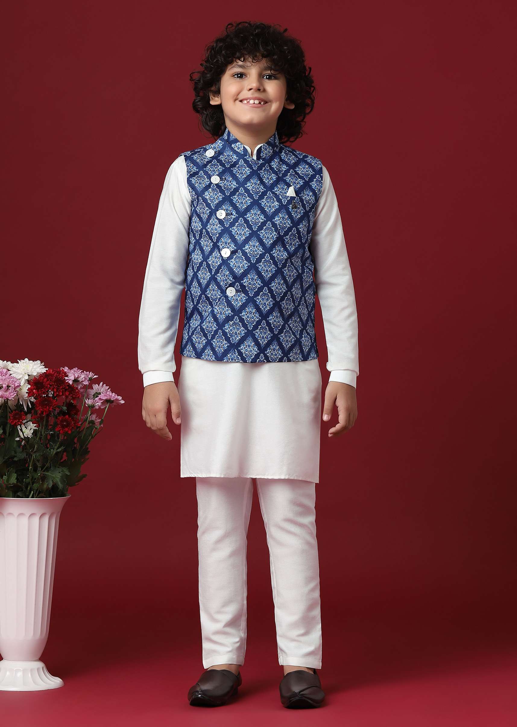 Silk Printed Jacket Kurta Set in Blue - Image 4