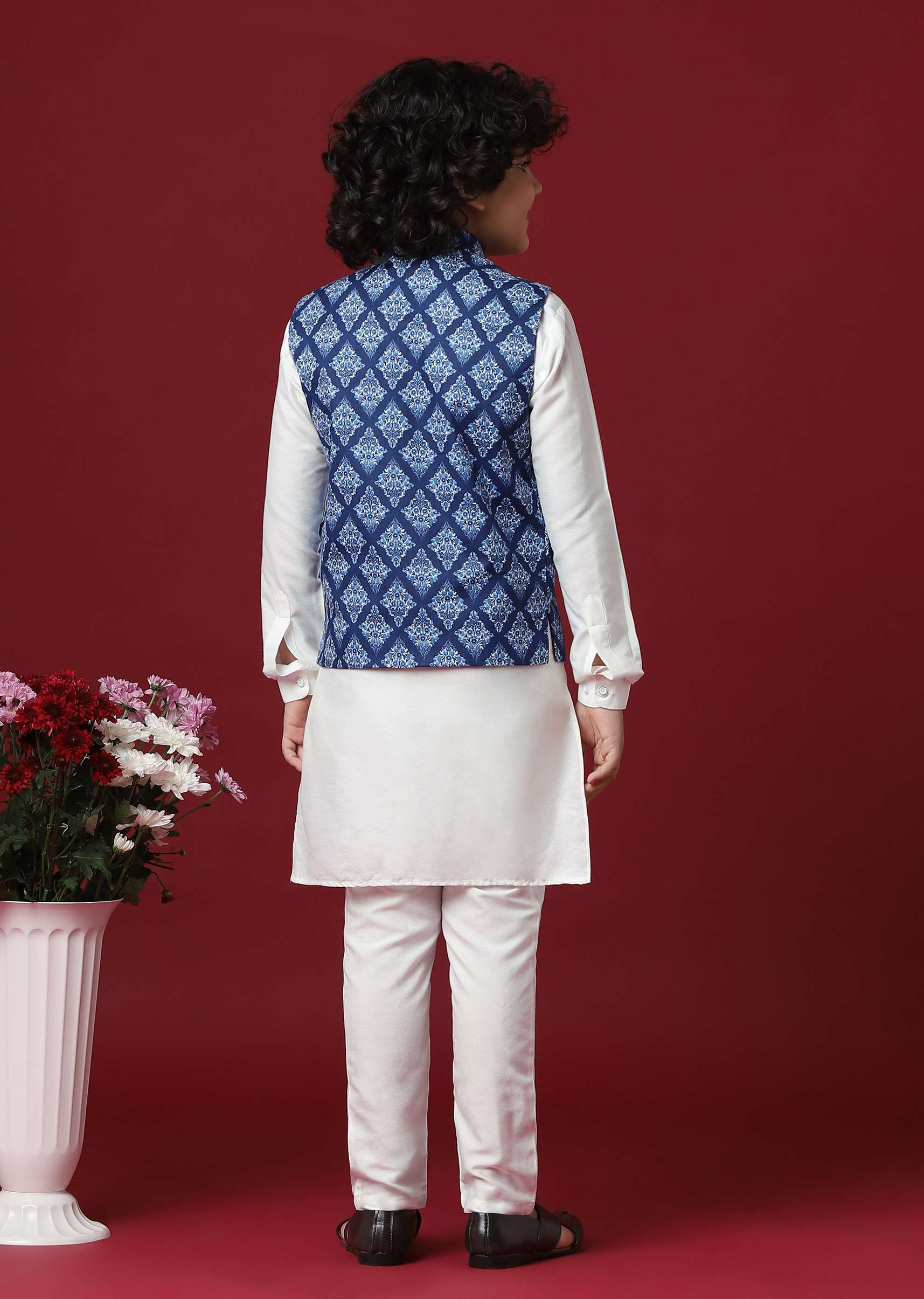 Silk Printed Jacket Kurta Set in Blue - Image 5