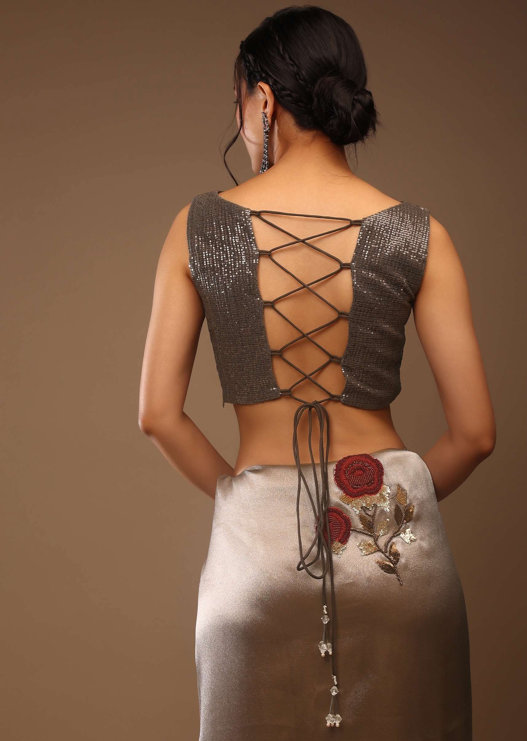 Silver And Cedar Brown Saree In Tissue Organza With Multi Colored Sequins Embroidered Motifs - Image 7