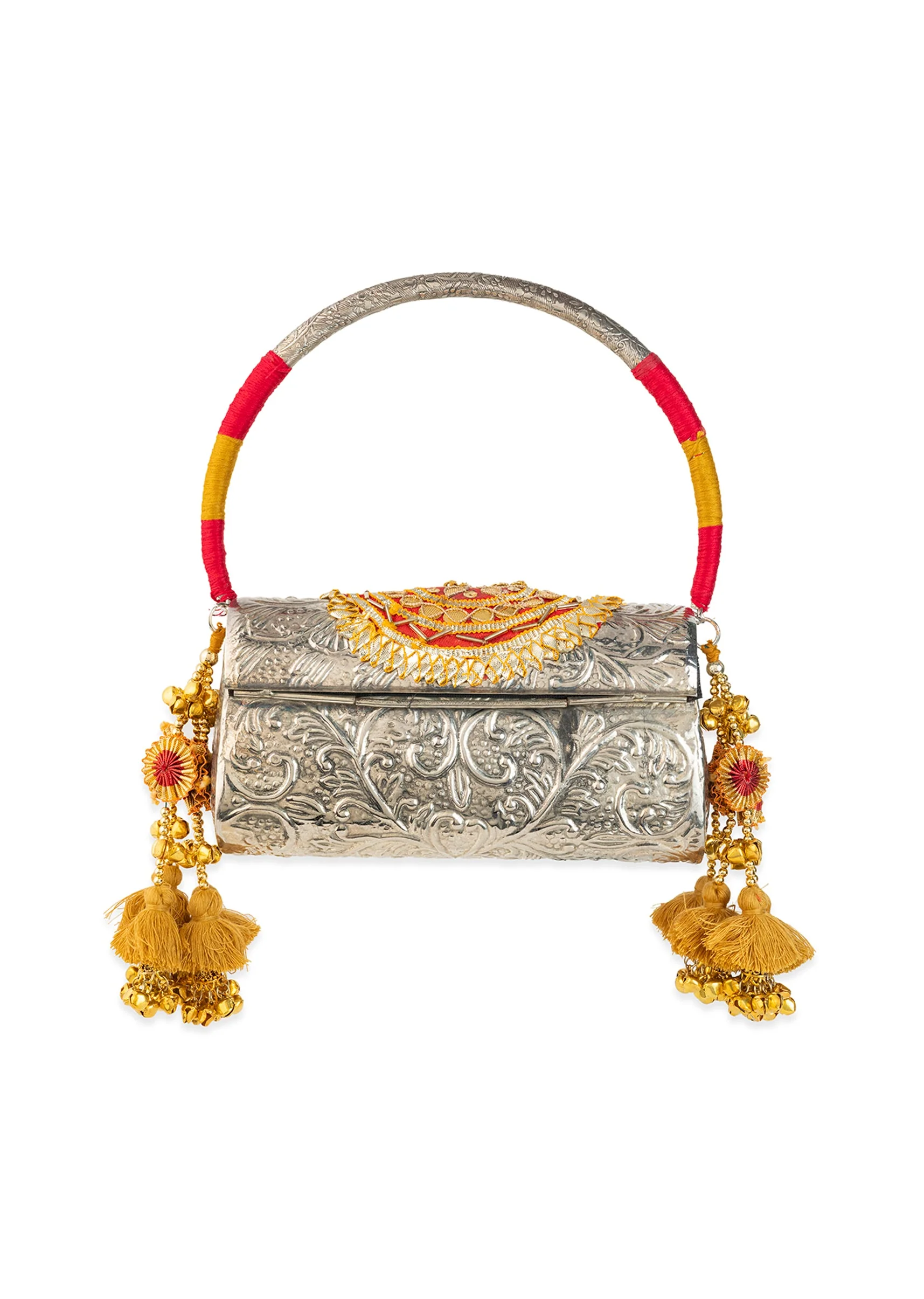Silver and Gold Embossed Metal Bag with Tassels - Image 3