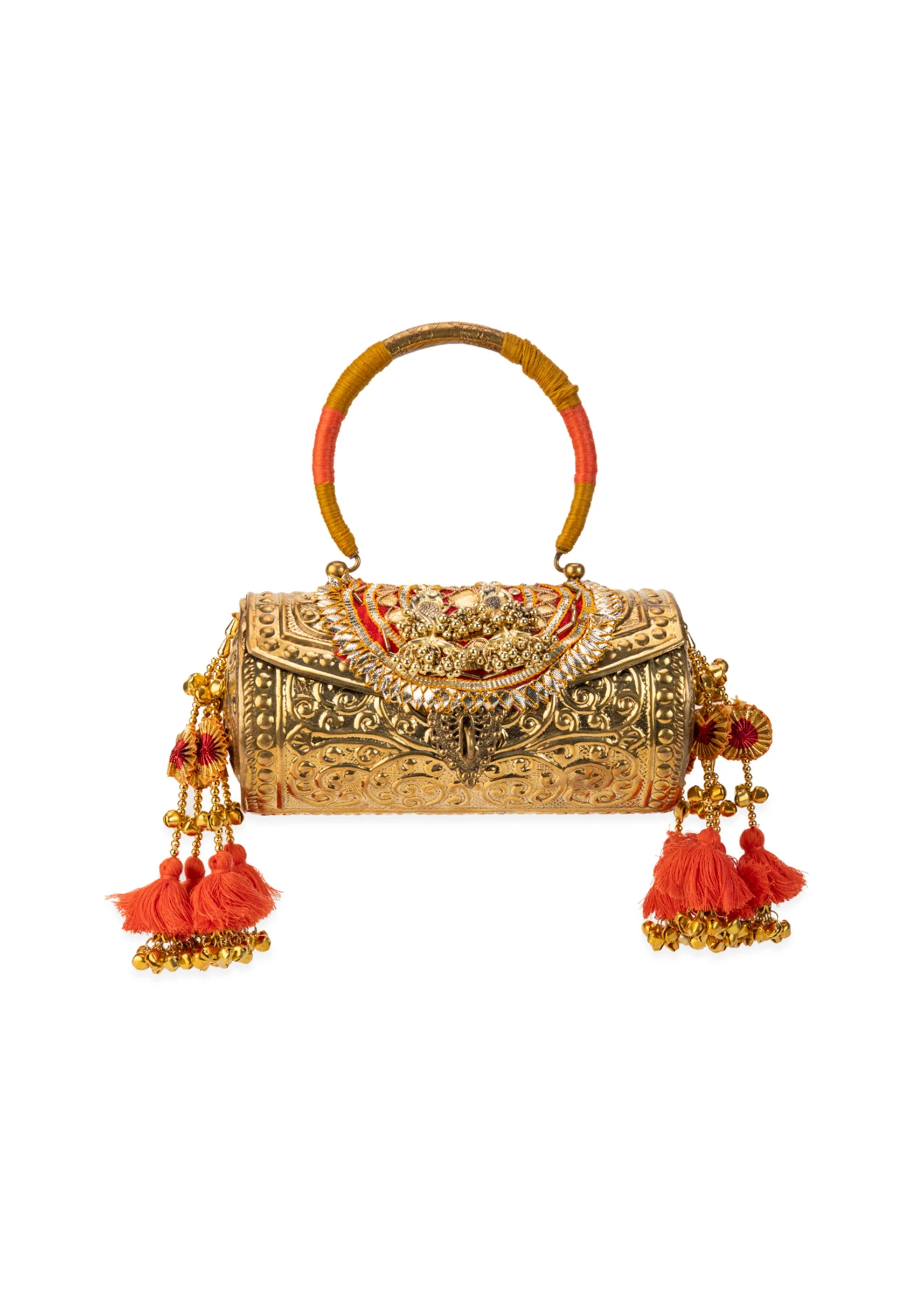 Silver and Gold Embossed Textured Metal Bag with Tassels - Image 2