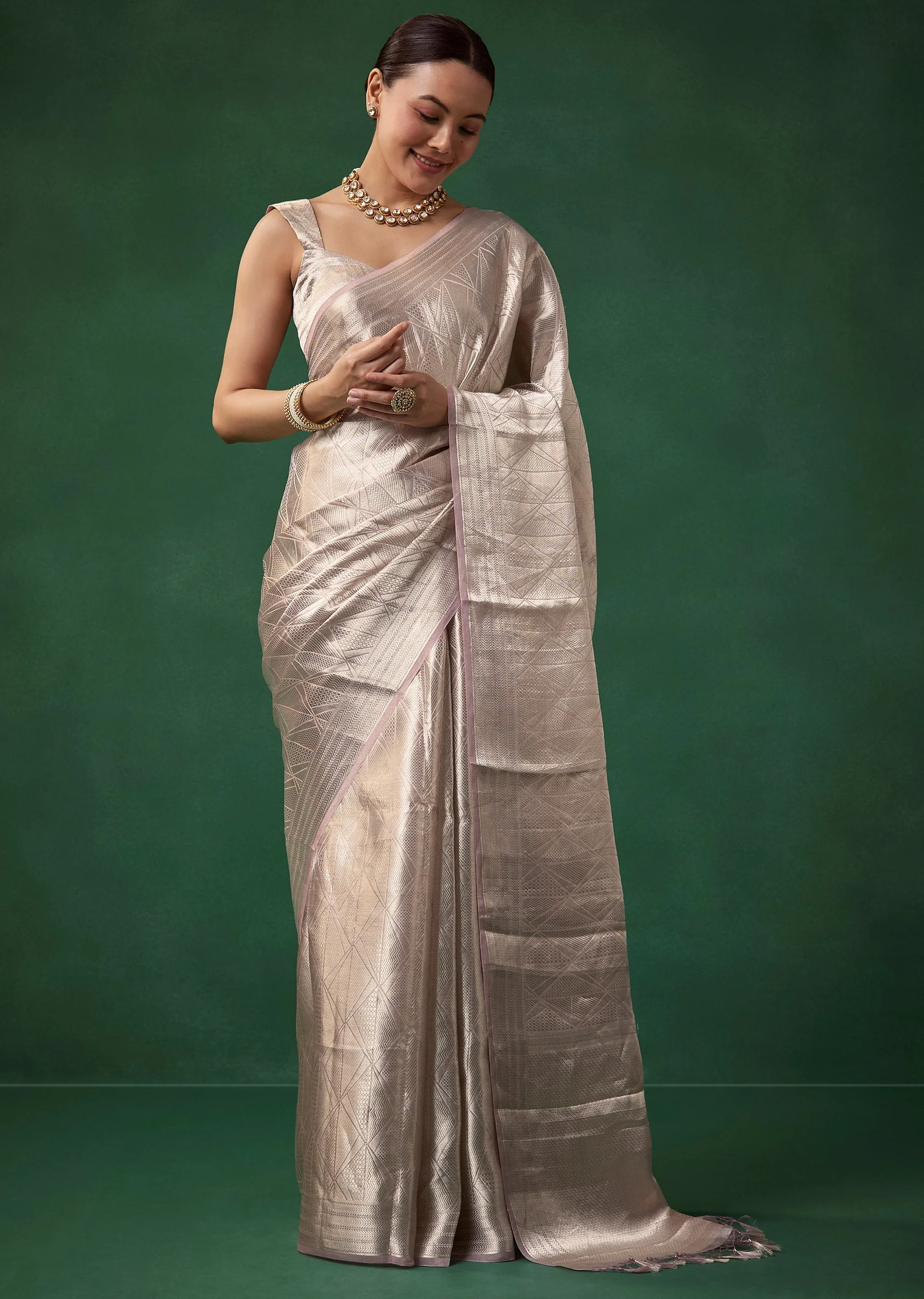 Silver and Pink Tissue Silk Woven Saree with Unstitched Blouse