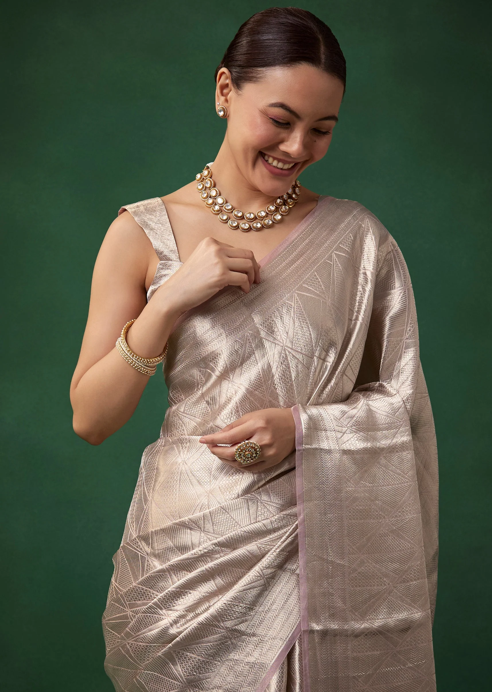 Silver and Pink Tissue Silk Woven Saree with Unstitched Blouse - Image 5