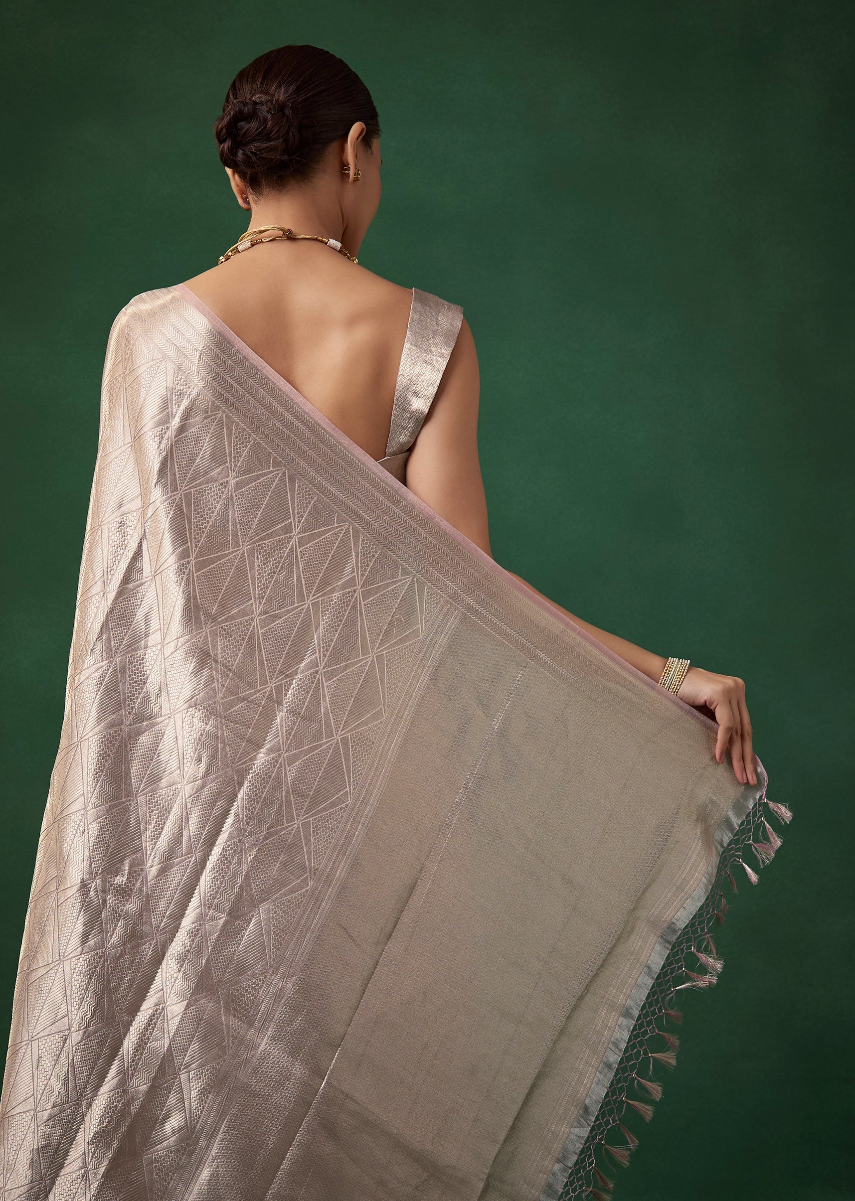 Silver and Pink Tissue Silk Woven Saree with Unstitched Blouse - Image 6