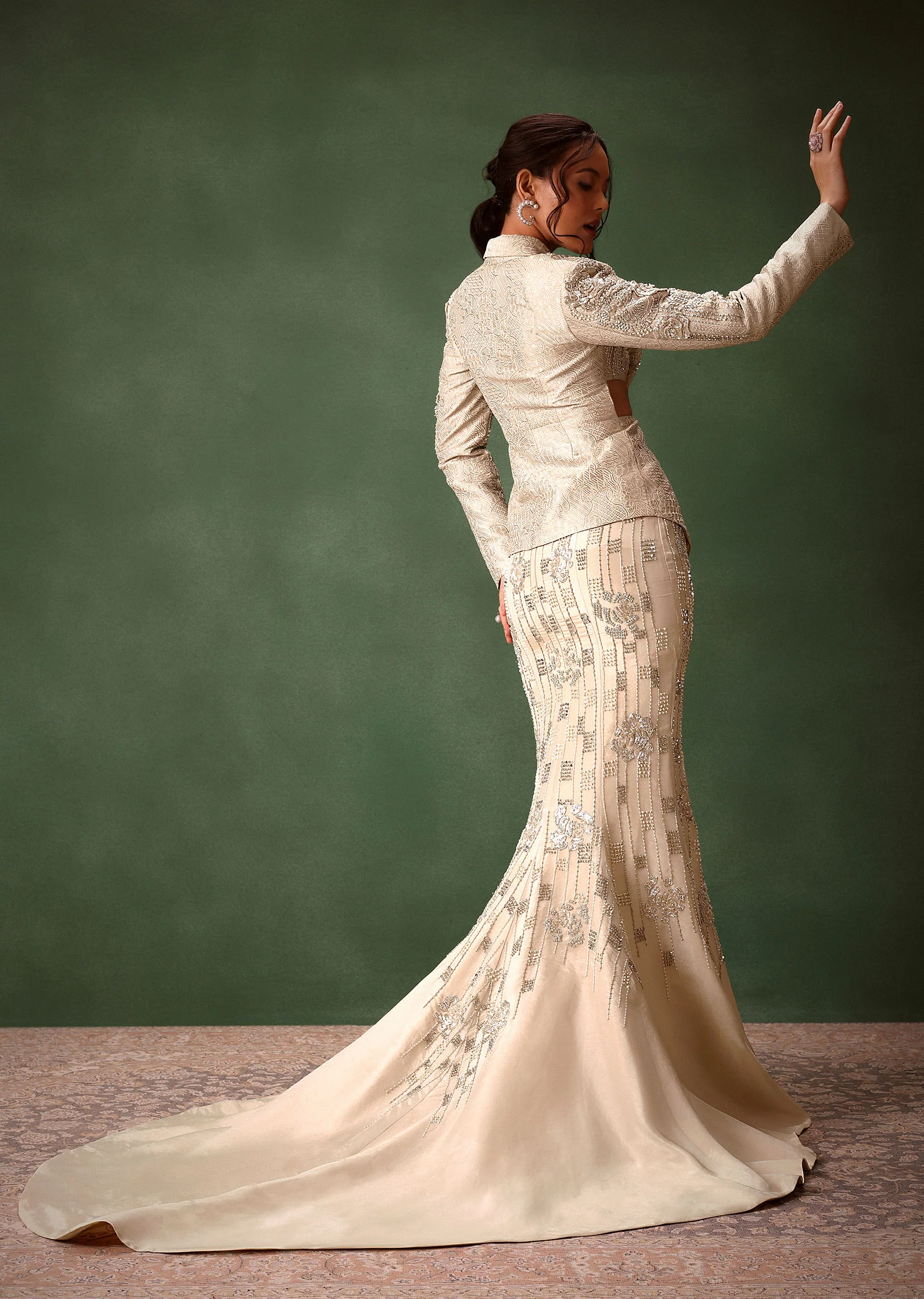 Silver Banarasi Brocade Jacket Lehenga Set - Image 5