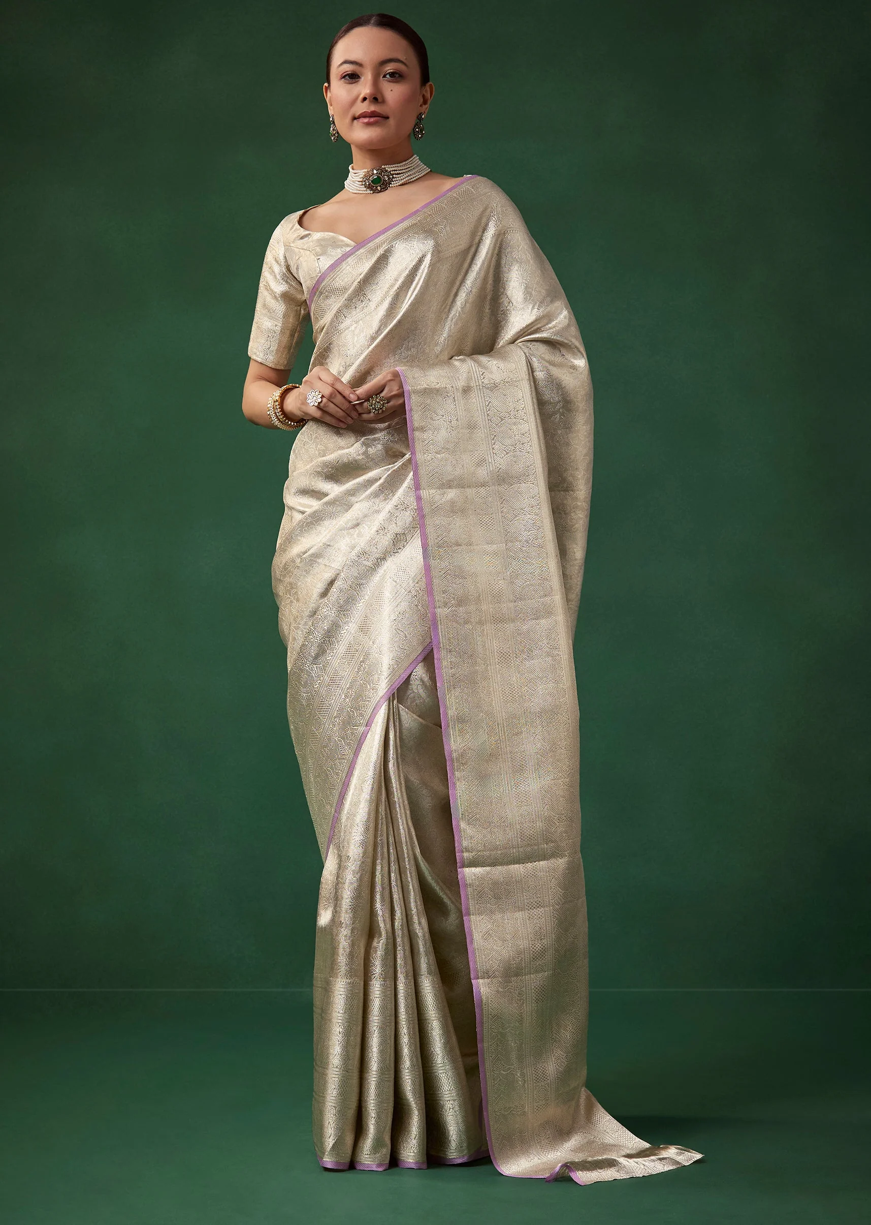 Silver Banarasi Jacquard Weave Saree with Unstitched Blouse