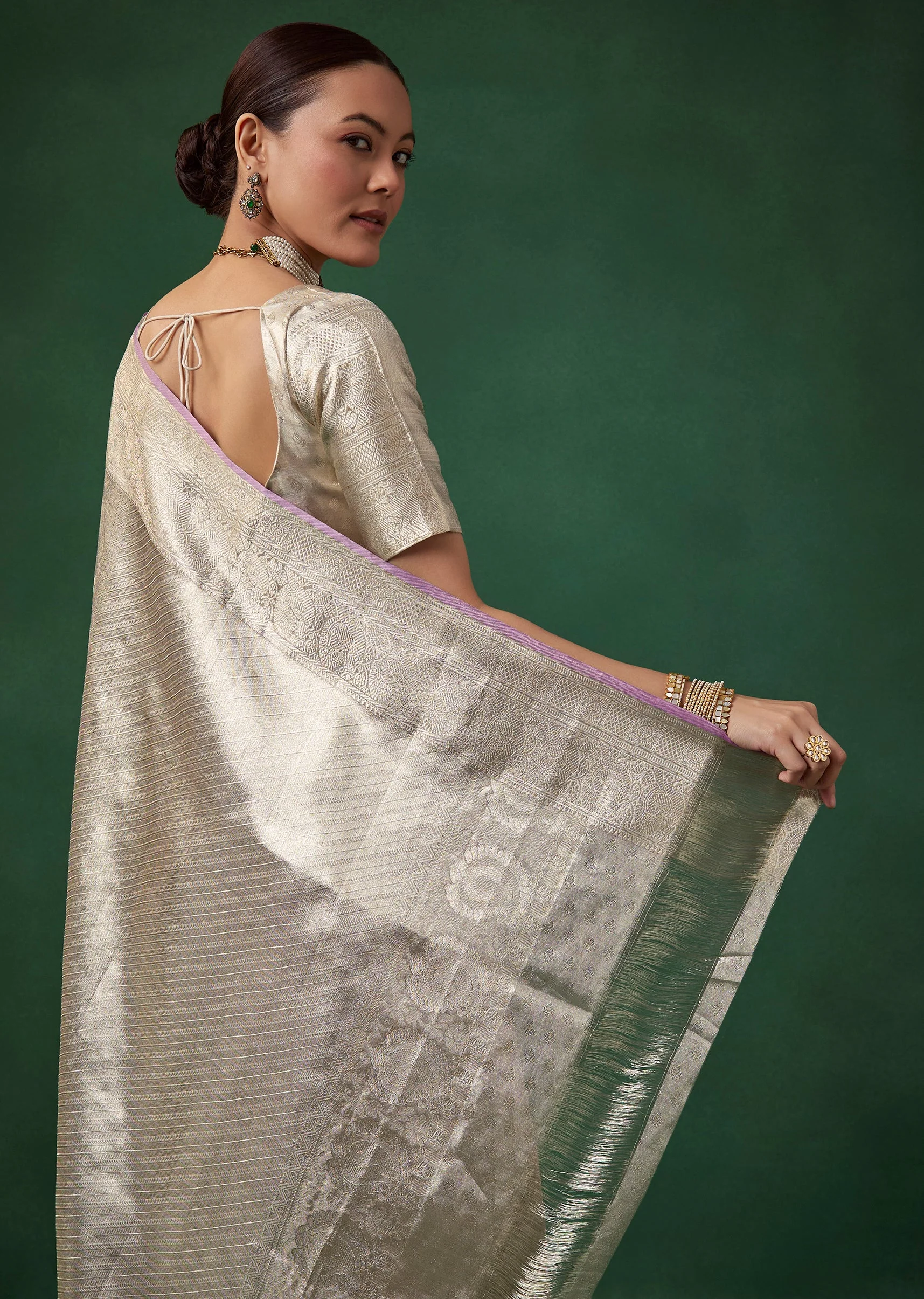 Silver Banarasi Jacquard Weave Saree with Unstitched Blouse - Image 6