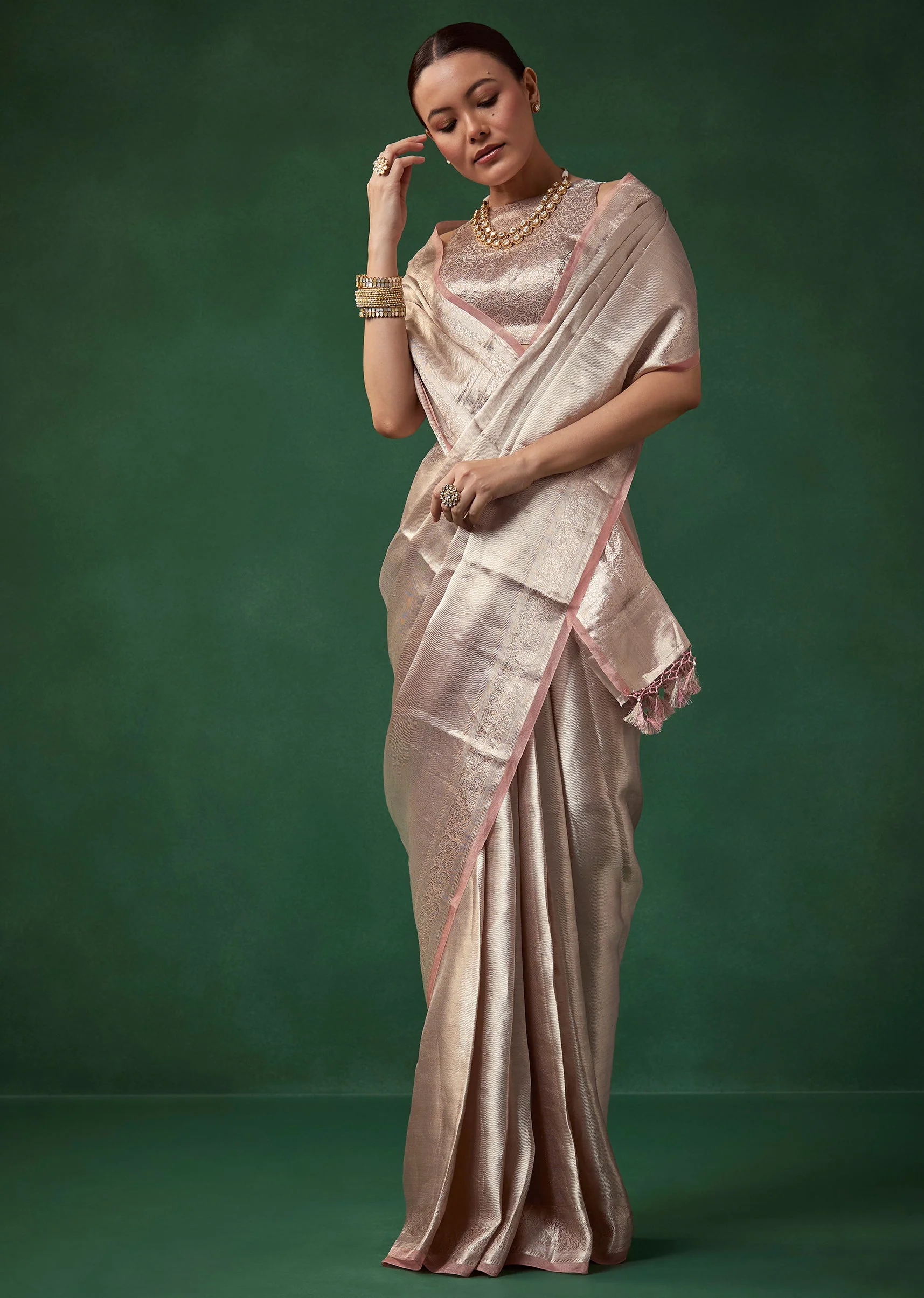 Silver Banarasi Tissue Silk Saree with Unstitched Blouse