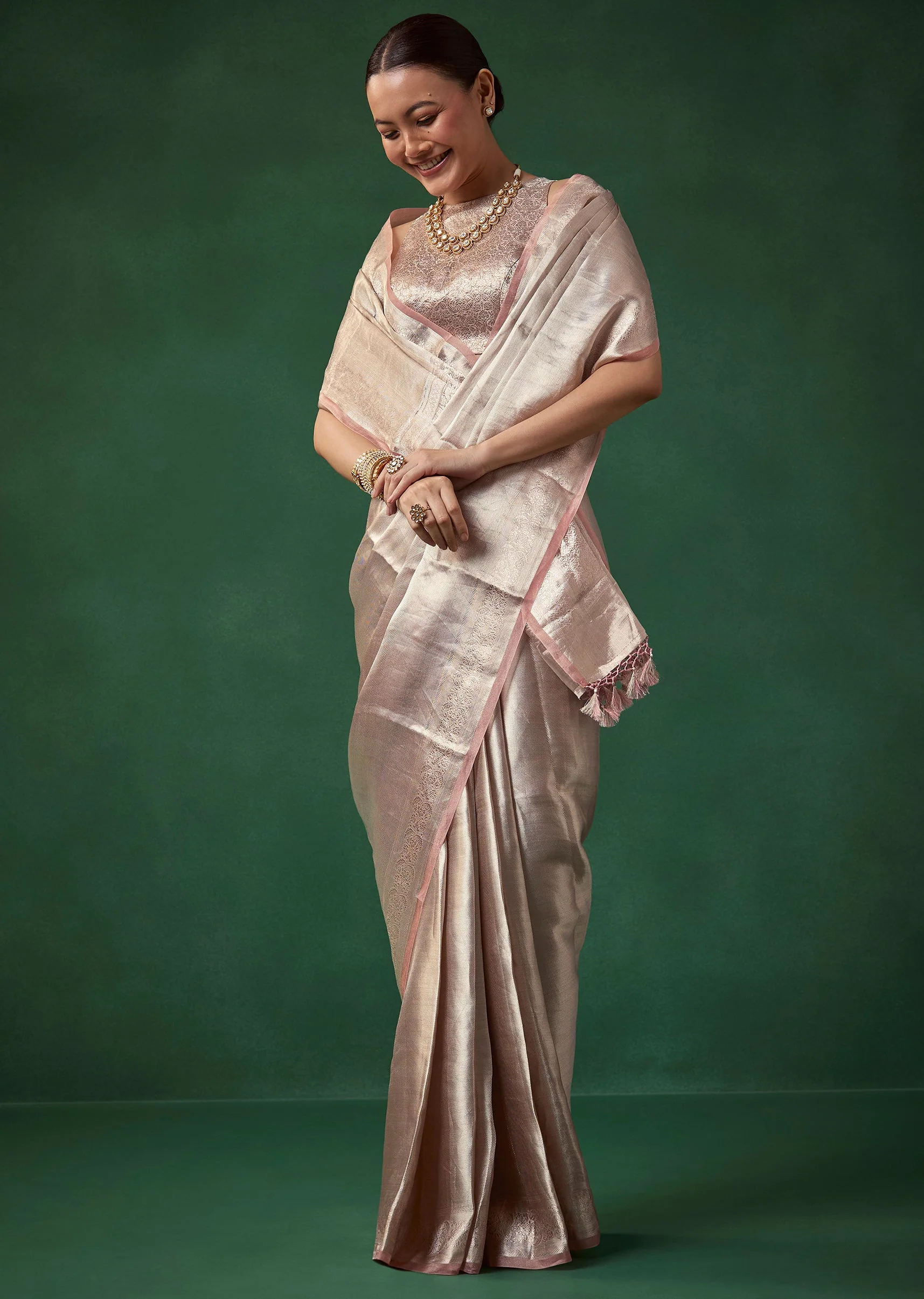 Silver Banarasi Tissue Silk Saree with Unstitched Blouse - Image 3