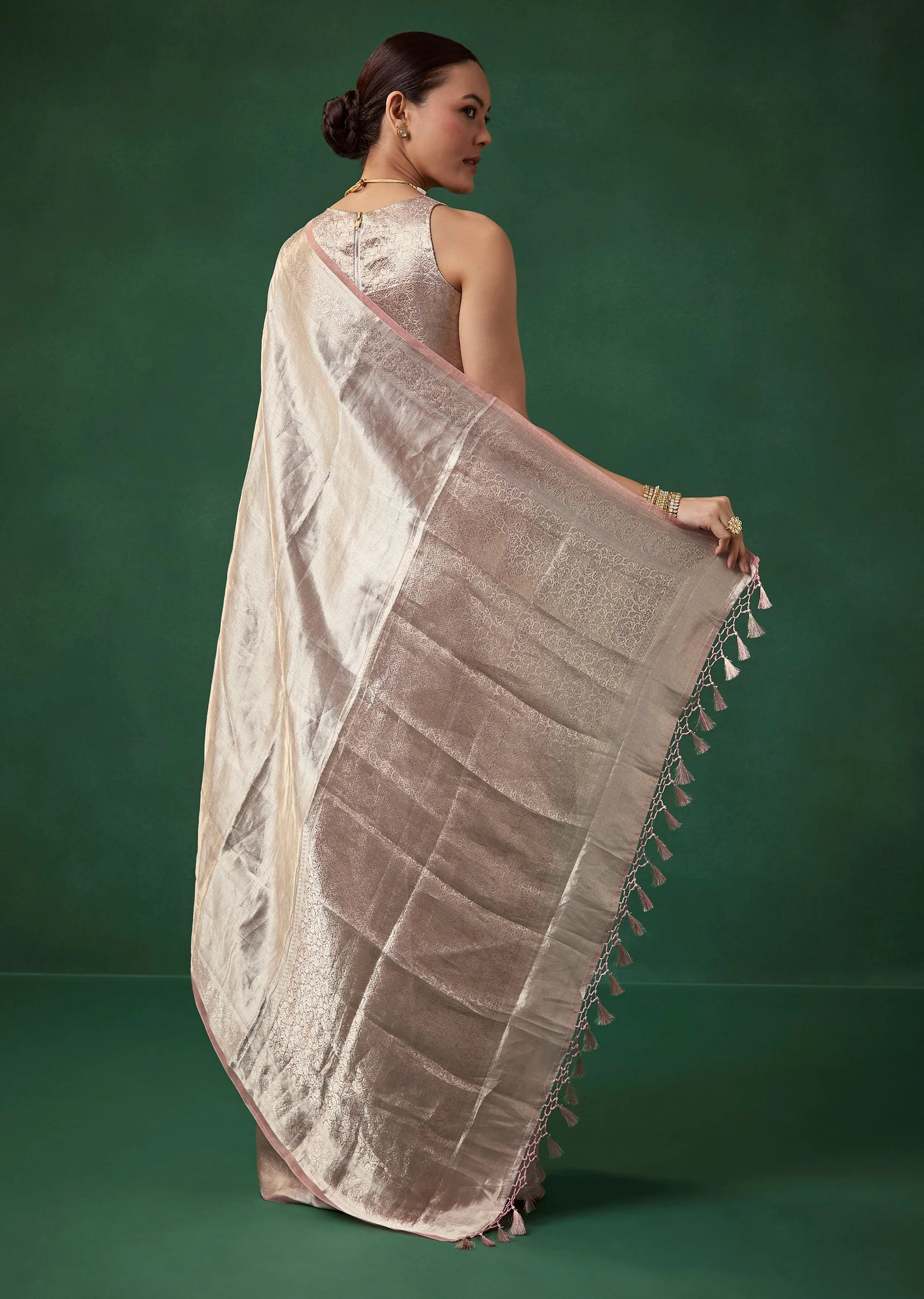 Silver Banarasi Tissue Silk Saree with Unstitched Blouse - Image 4