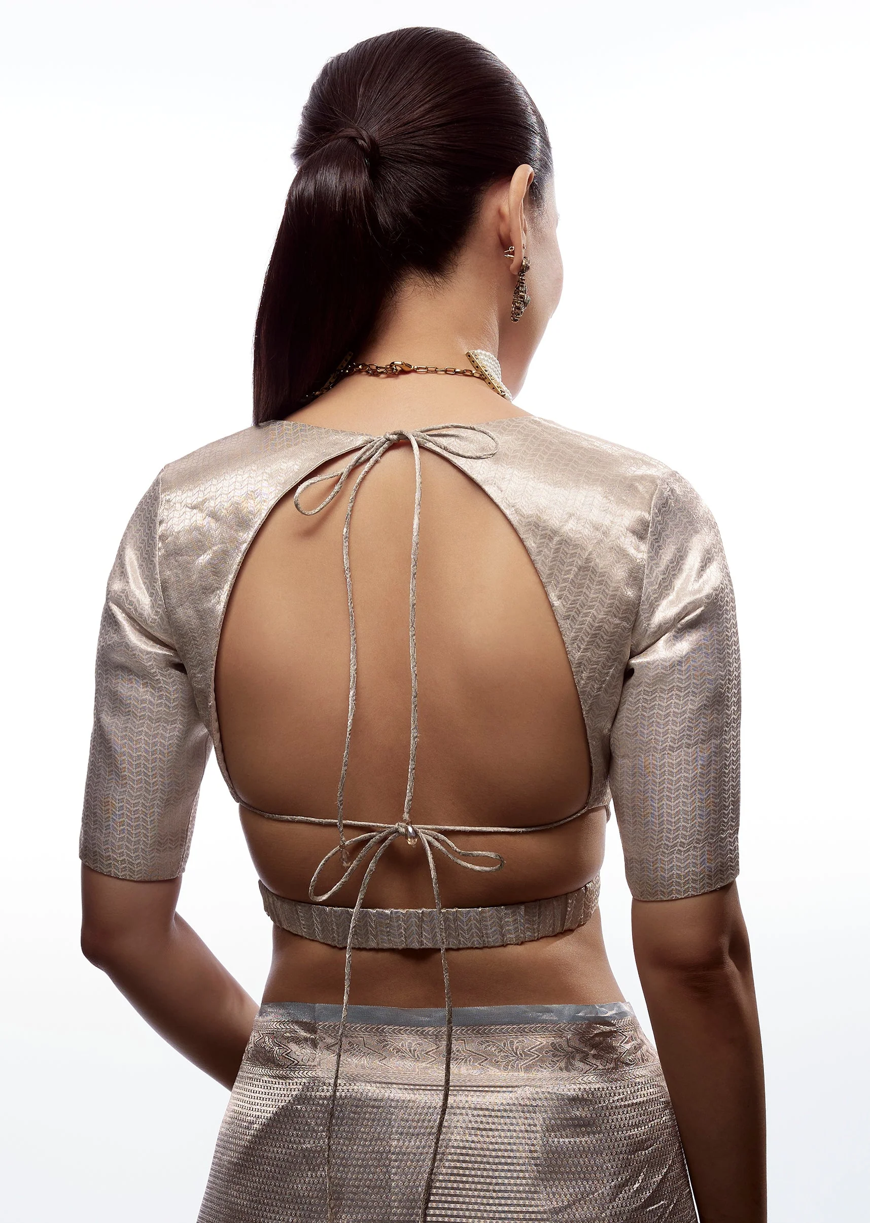 Silver Brocade V Neck Blouse - Image 2