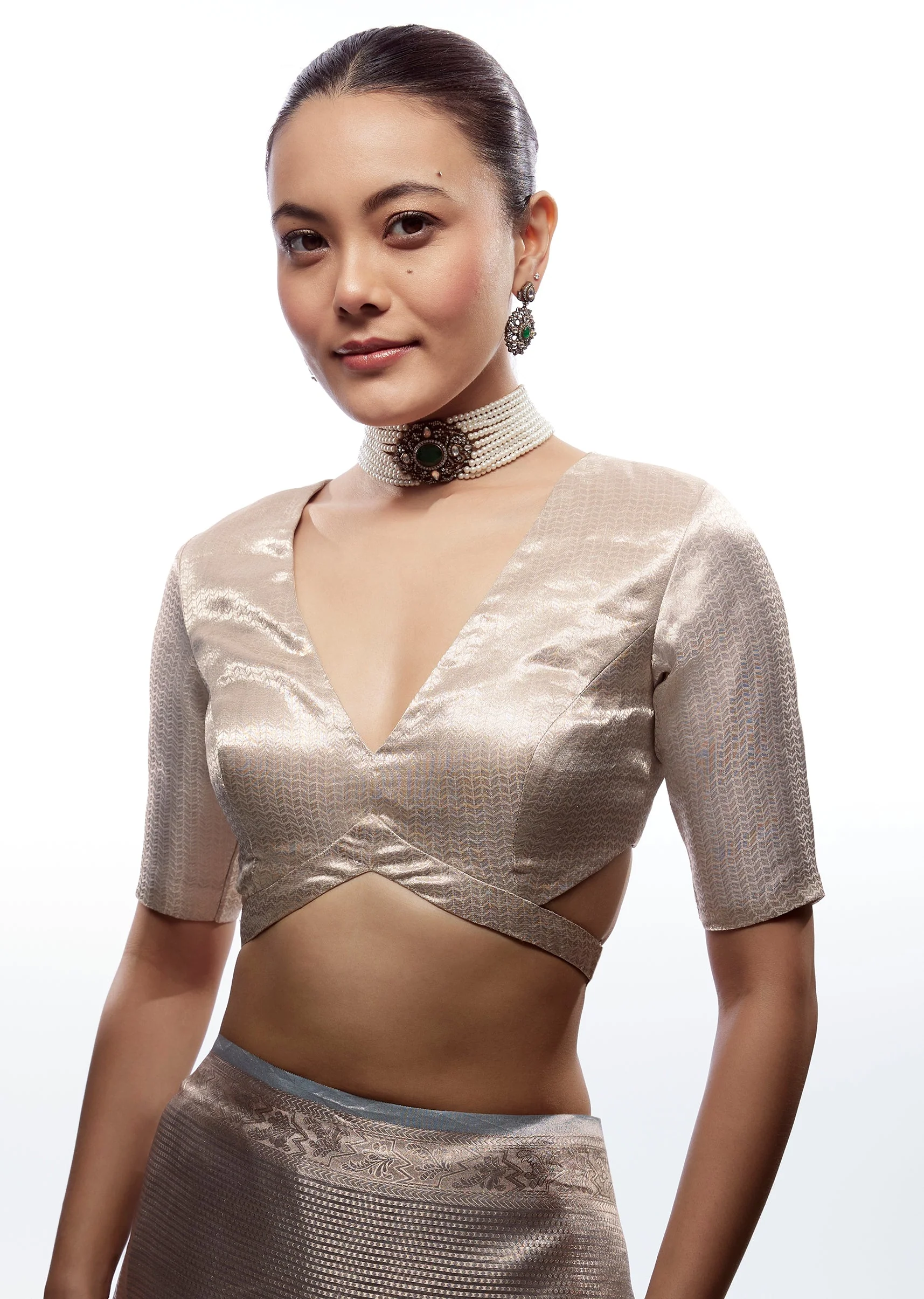 Silver Brocade V Neck Blouse - Image 3