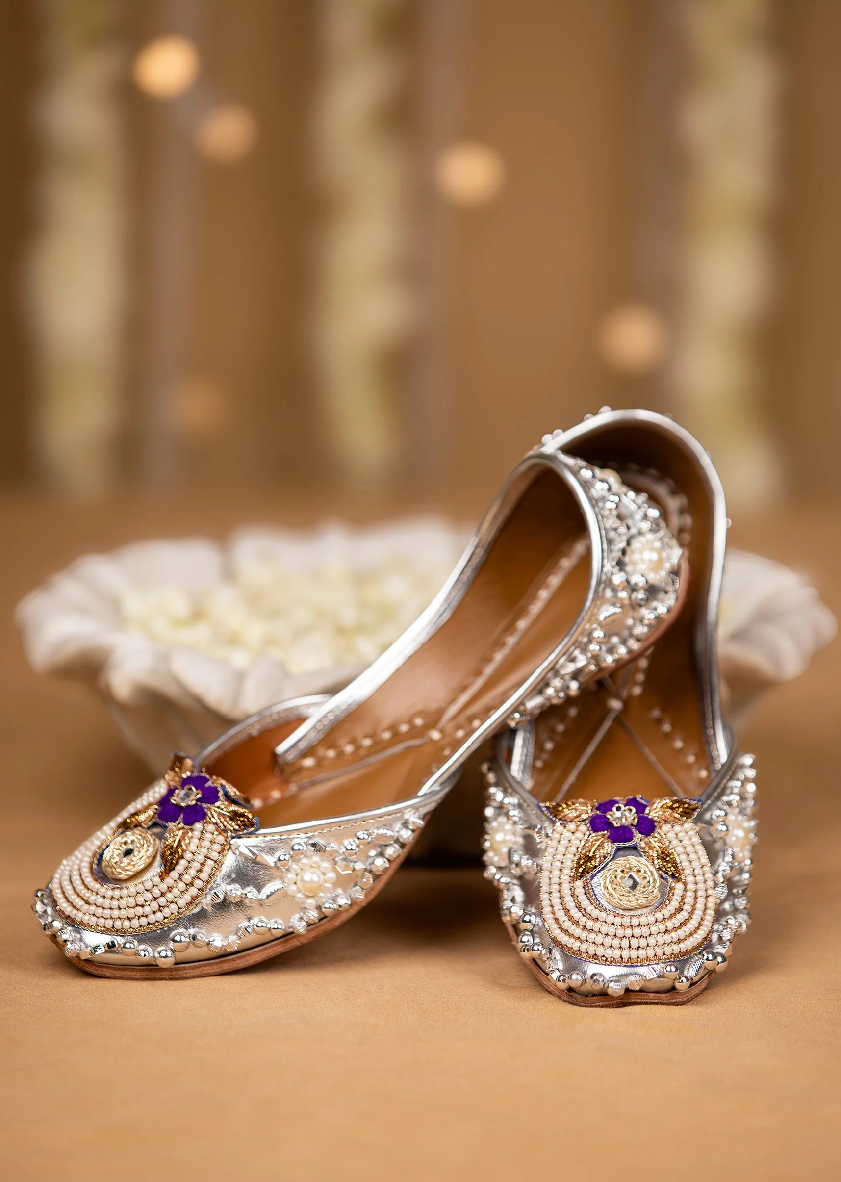 Silver Faux Leather Pearl Embellished Juttis - Image 2