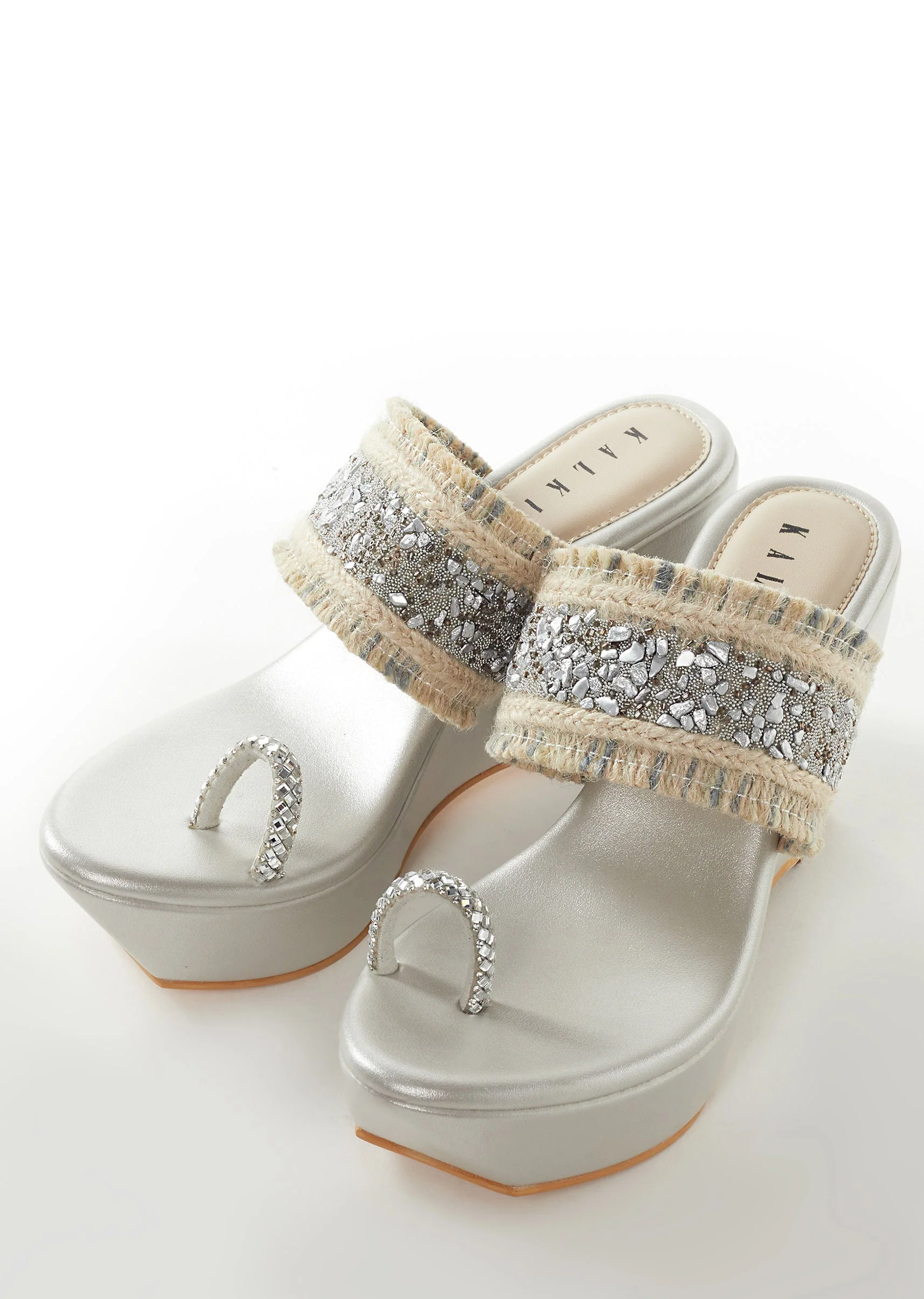 Silver Faux Leather Womens Footwear With Embellished Detail Work - Image 6